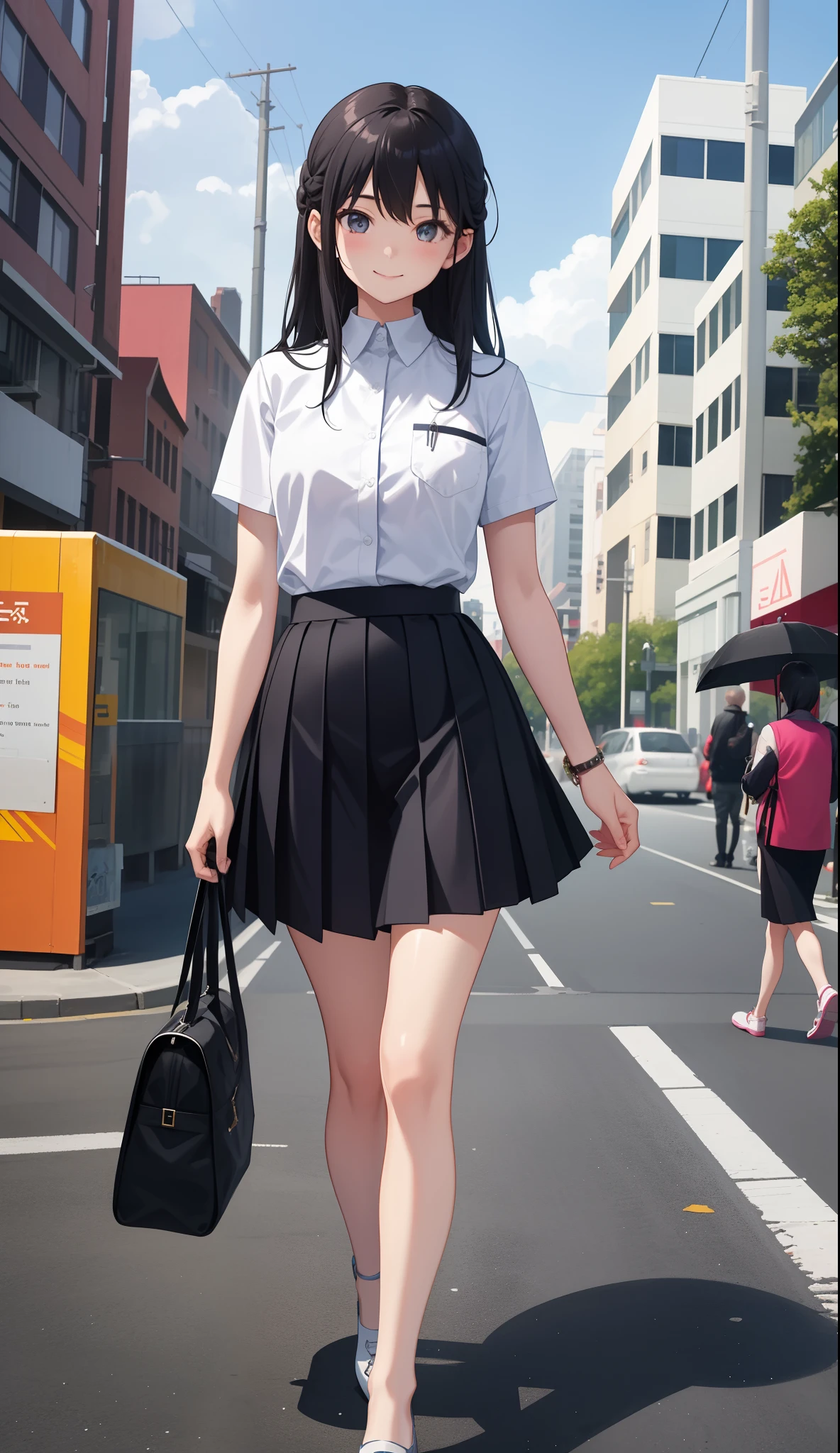 1girl in、AS-Adult、A smile、The shirt、skirt by the、(small tits)、Walking with a thigh、Upper body portrait、