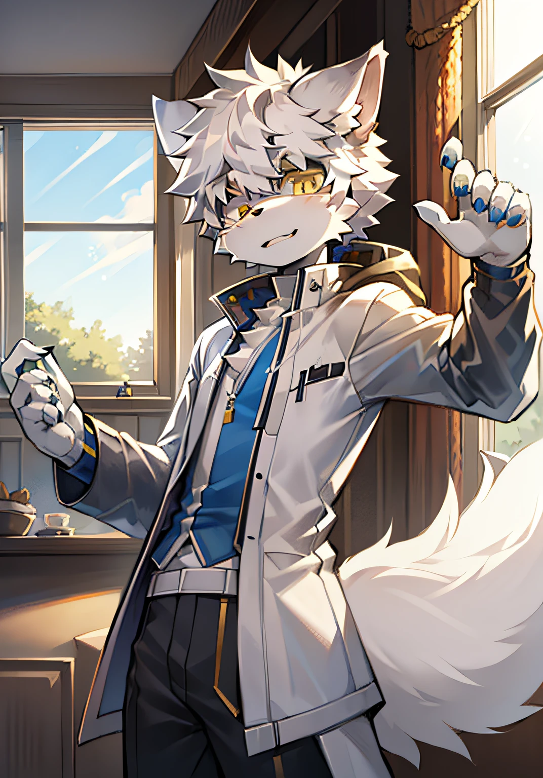 anime - style picture of a man in a coat and a wolf mask, a character portrait by senior character artist, pixiv, furry art, fursona wearing stylish clothes, fox mccloud, (nsfw) not safe for work, commission for high res, foxish guy in a lab coat, an anthropomorphic cyberpunk fox, handsome weasel fursona portrait