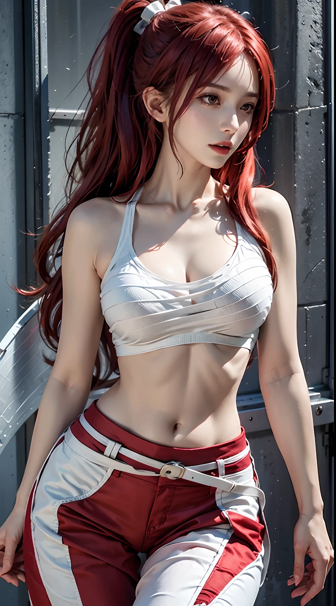 photorealistic, high resolution, 1women, mature female, solo, hips up, fairy tail, 1girl, long hair, red hair, ponytail, white ribbon, hair over one eye, brown eyes, large breasts, collarbone, chest sarashi, bandage, bare arms, midriff, red hakama, red pants