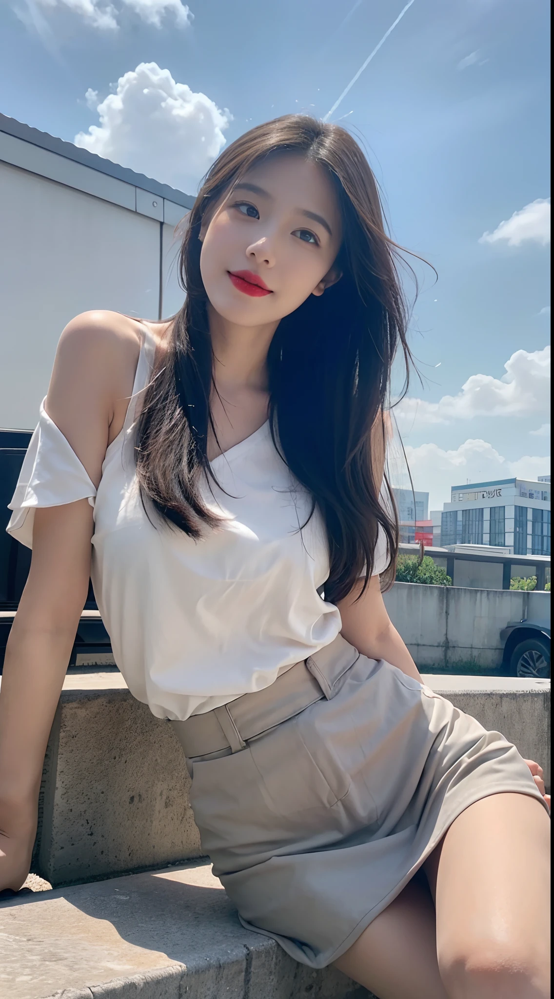((best qualtiy, 8K, tmasterpiece:1.3)), A pretty maiden,Pure,Melon seed face,gentle and cute,A sweet smile,Pure desire,Thin stature,(frontage),(Tilt your head),staring right into camera,uniform, Obi, formal,Black silky long, Straight hair,Long hair flowing over the shoulders,round black big eyes,Clear big eyes,Hydrated red lips,Sweet,sitted,with blue sky and white clouds,城市
