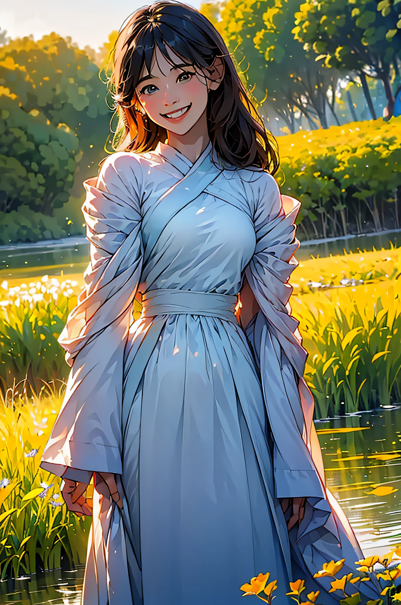 (in 8K、top-quality、masterpiece:1.2)、1人の女性、(Smiling smile:1.1)、beautidful eyes、Valley、The upper part of the body、length hair、Like a boy、Longhaire、Green View、