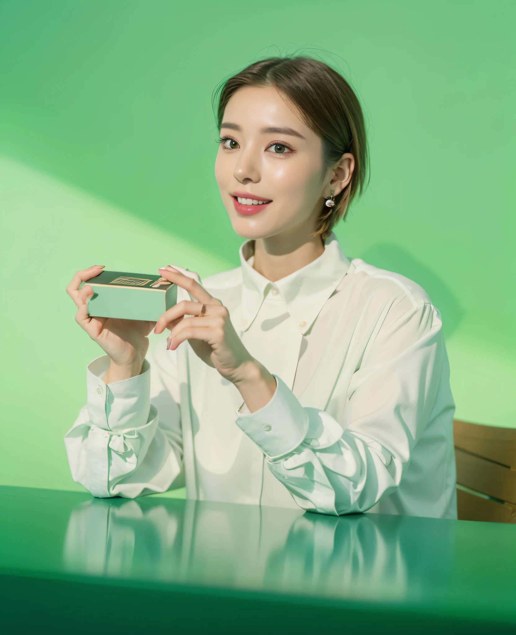 top-quality, 超A high resolution, (Photorealistic:1.4), RAW Photos, 1人の女性, short cut hair、She is so thin、Delicate body、Elegant beauty、glistning skin、Blouse with white collar, Fashion brand ZARA, White background, The upper part of the body、Blue table、Holding the box in your hand、Sitting on a chair