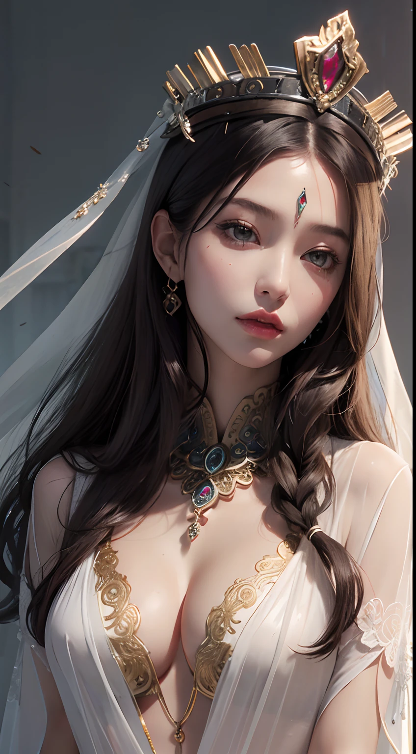 ulzang-6500-v1.1, (RAW photo:1.2), (Photorealistic:1.4), Beautiful detailed girl, Very detailed eyes and face, Beautiful detailed eyes, Super detailed, high resolution, Very detailed, Best quality, Masterpiece, ((Priestess)), (headdress), ((Long transparent robe)), ((Intricate details)), ((ultra transparent clothings)), ((ultra clear clothings)), full bodyesbian, Slim body, Petite body, Beautiful detailed whole body, ((cleavage)), ((See_passing__)),