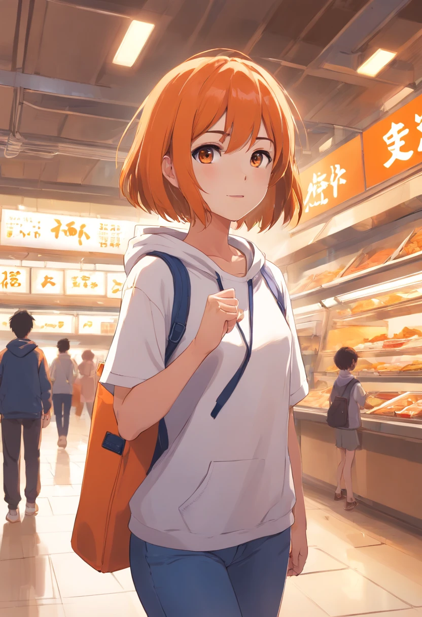 one-girl,Wear a white T-shirt,Orange hooded clothes,Carrying a bag,Short hair in color,Run around the food court,Arms spread wide,