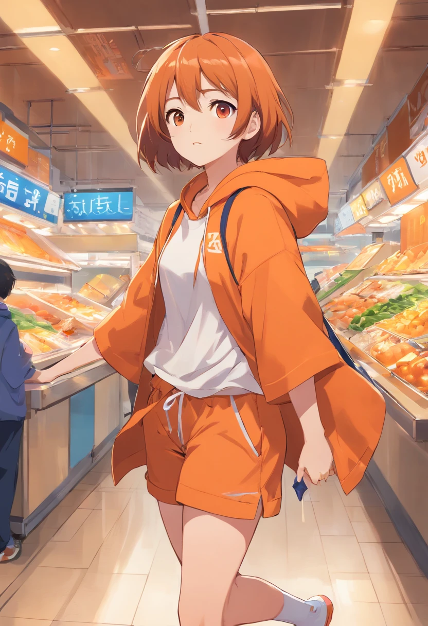 one-girl,Wear a white T-shirt,Orange hooded clothes,Carrying a bag,Short hair in color,Run around the food court,Arms spread wide,