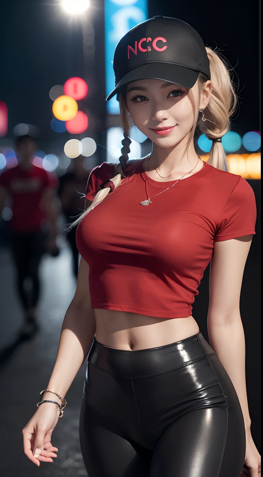 8k, masterpiece, RAW photo, best quality, photorealistic, extremely detailed CG unity 8k wallpaper, Depth of field, Cinematic Light, Lens Flare, Ray tracing, (extremely beautiful face, beautiful lips, beautiful eyes), intricate detail face, ((ultra detailed skin)) 1girl, in the dark, deep shadow, pretty Asian girl, idol, 1 girl, (very slim slender fit-muscled body:1.3), ((looking at viewer)),(big smile:1.3), (tight laced blouse), ((hot pink color blouse)), (short sleeve) , (city night, dark night, (neon sign), (blurred background), dim lights, cityscape, rooftops, beautiful earrings, bracelets, necklace, pantyhose, clear eyes, (pale skin), (big eyes), face forward, ((upper body shot)), (silk red color pants),(brown hairs),((tight fitting laced pants)), (see through), (looking at viewer:1.3), open breast, (very slim), medium breasts, (see through),((flooming laced)), ((camel toe)), (see through jacket), updo hair