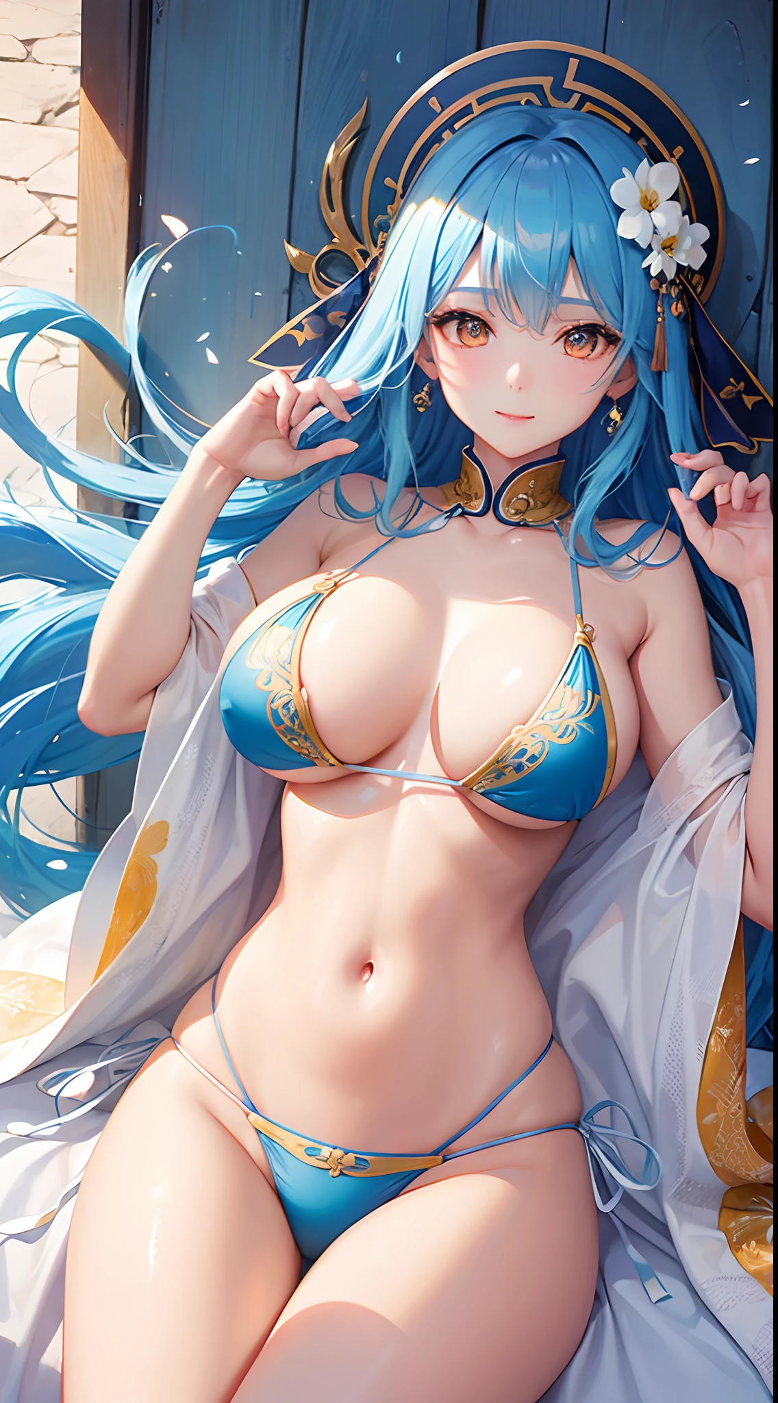 Beautuful Women、Orange Eyes、Blue and white hair color、Floating hair:10、Delicate and smart eyes、intricate damask hanfu、Luxury accessories、wearing pearl earrings、FOV、F / 1.8、masterpiece、ancient Chinese architecture、blue open sky、flower petals flying、front portrait shot、Chang'e、side lights、a person々Sunlight、8K,(Sexy Bikini:1.2)