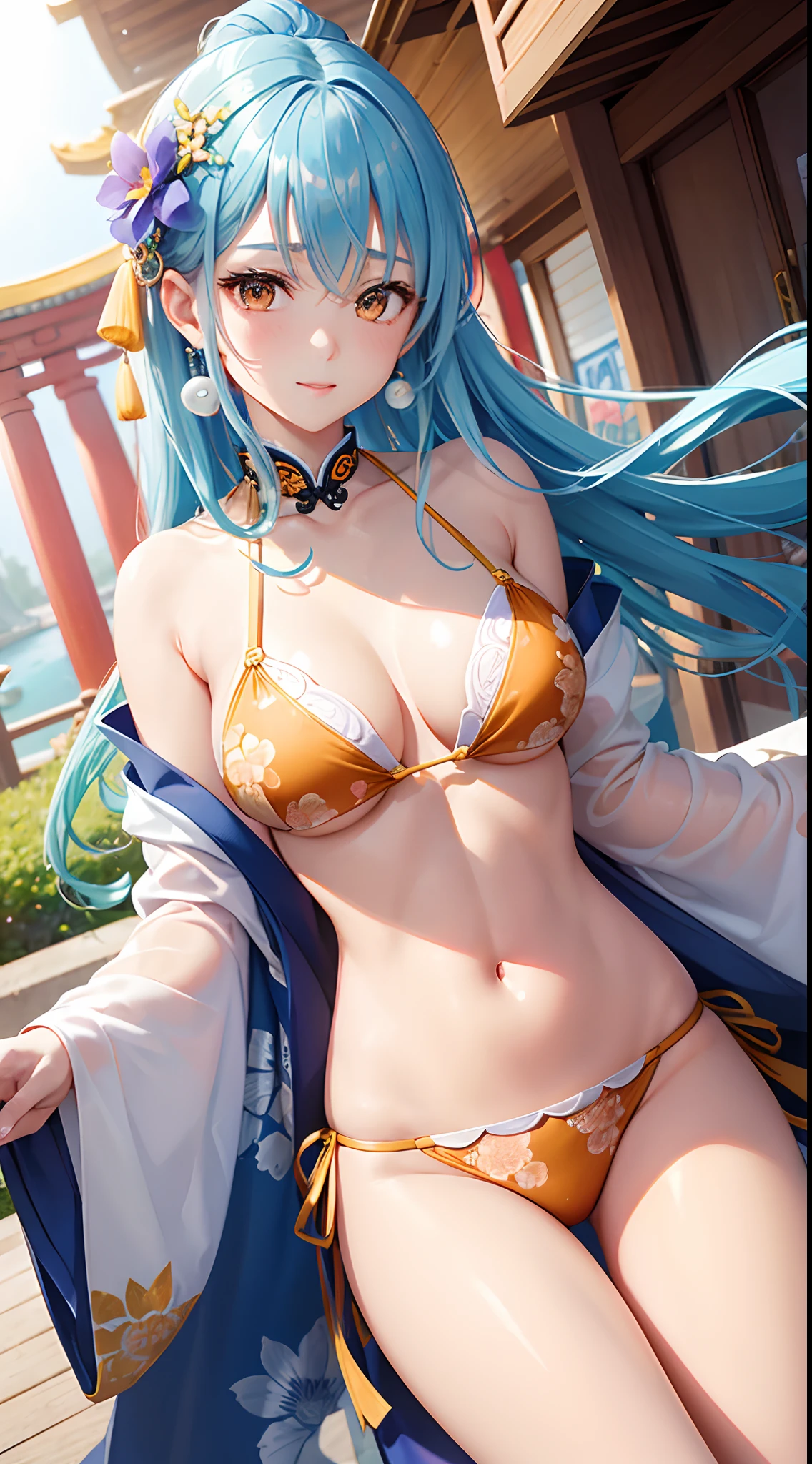 Beautuful Women、Orange Eyes、Blue and white hair color、Floating hair:10、Delicate and smart eyes、intricate damask hanfu、Luxury accessories、wearing pearl earrings、FOV、F / 1.8、masterpiece、ancient Chinese architecture、blue open sky、flower petals flying、front portrait shot、Chang'e、side lights、a person々Sunlight、8K,(Sexy Bikini:1.2)