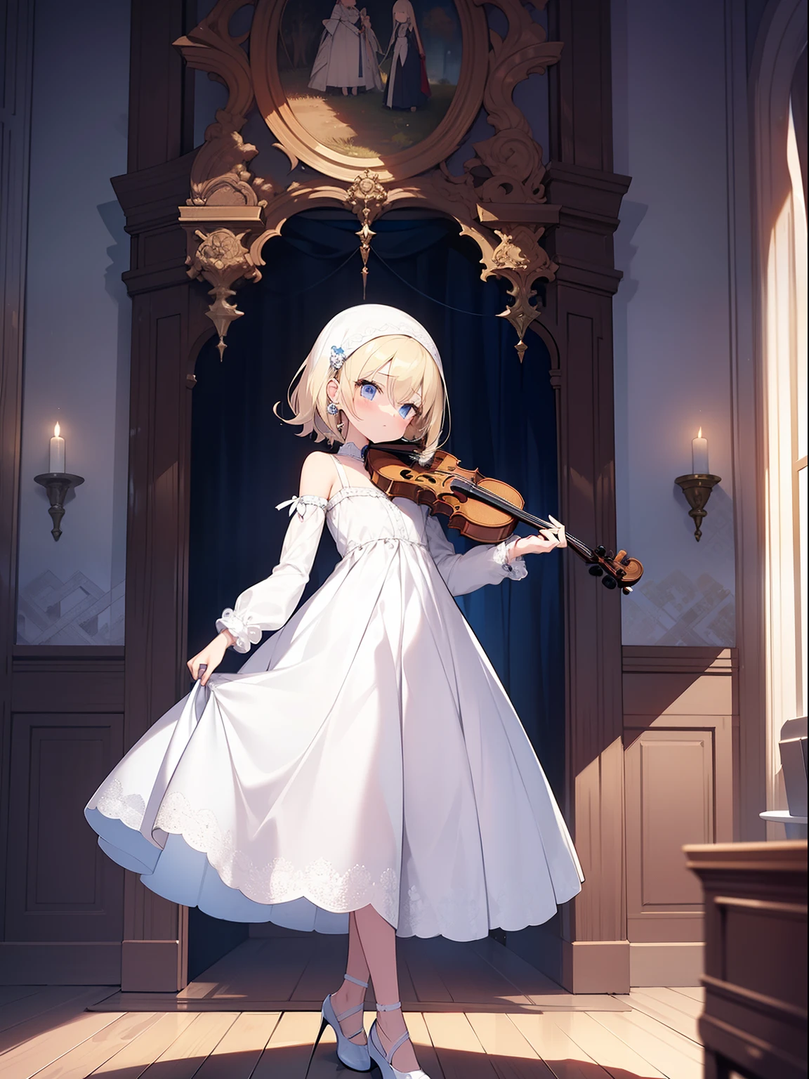 Modest, Shy, Infinitely cute and beautiful, fragile figure, Skinny girl 5 yearonde with short hair, with a completely flat chest; sad and indifferent; Big dull blue eyes, long eyelashes, very pale skin; rich white dress, ornaments, Silver shoes; He plays the violin; A dreary look; An ornate hall; Anatomical realism, high quality textures , higly detailed