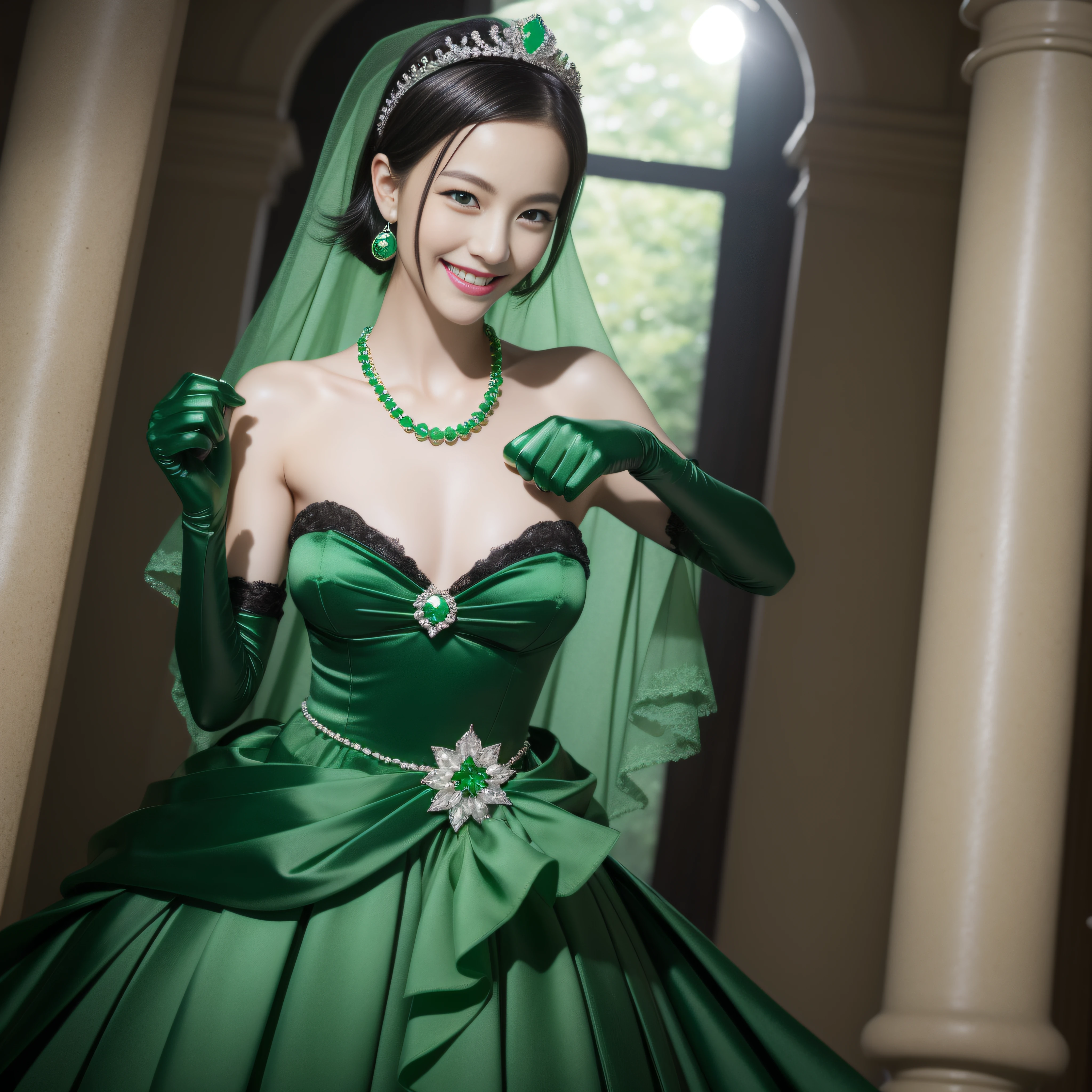 emerald tiara, Green Pearl Necklace, Boyish very short black hair, lipsticks, Japan woman smiling, Long green gloves made of satin material, very short short hair, fist