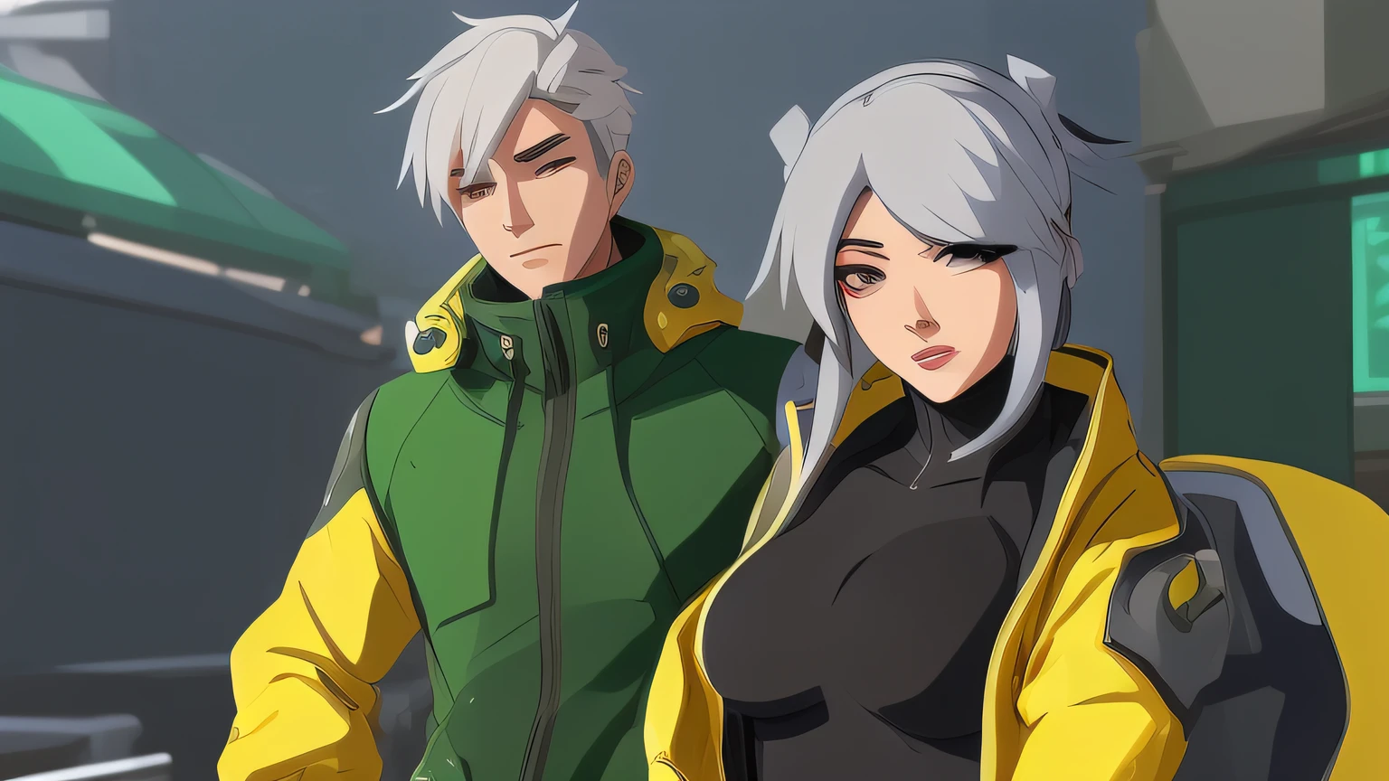 anime style picture of a woman in a yellow jacket and a man in a green helmet, overwatch style, ana from overwatch, overwatch inspired, overwatch character concept art, artwork in the style of guweiz, from overwatch, overwatch character, overwatch fanart, as an overwatch character, rossdraws cartoon vibrant, as overwatch character, lucio as a woman