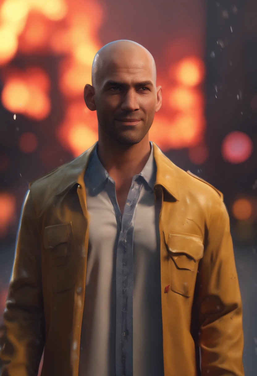 a man with an evil smile button up shirt, raining in the city, fire burning in the background, shaved head, red rim lighting, 8K, UHD, [candid, amateur], cinematic lighting, upper body, highly detailed face, close up, serious face, villainous