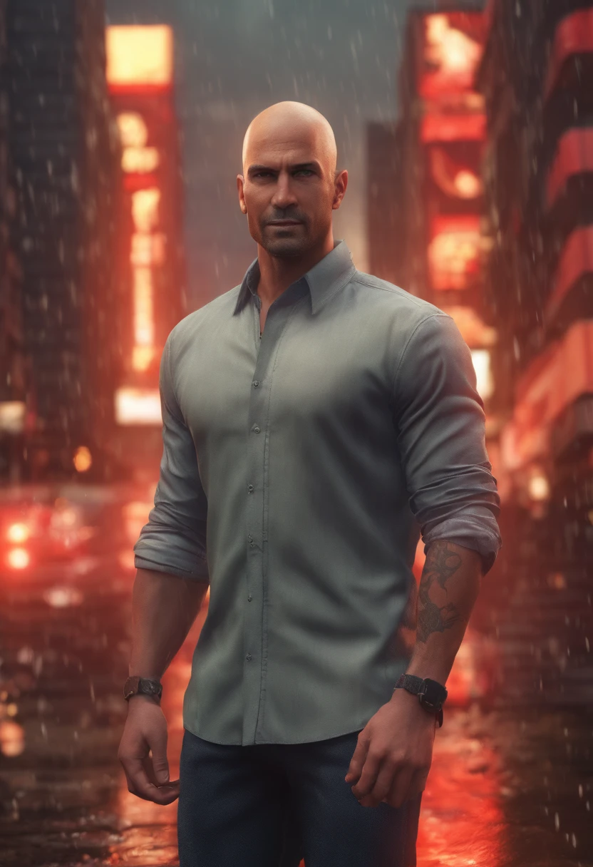 a man with an evil smile button up shirt, raining in the city, fire burning in the background, shaved head, red rim lighting, 8K, UHD, [candid, amateur], cinematic lighting, upper body, highly detailed face, close up, serious face, villainous