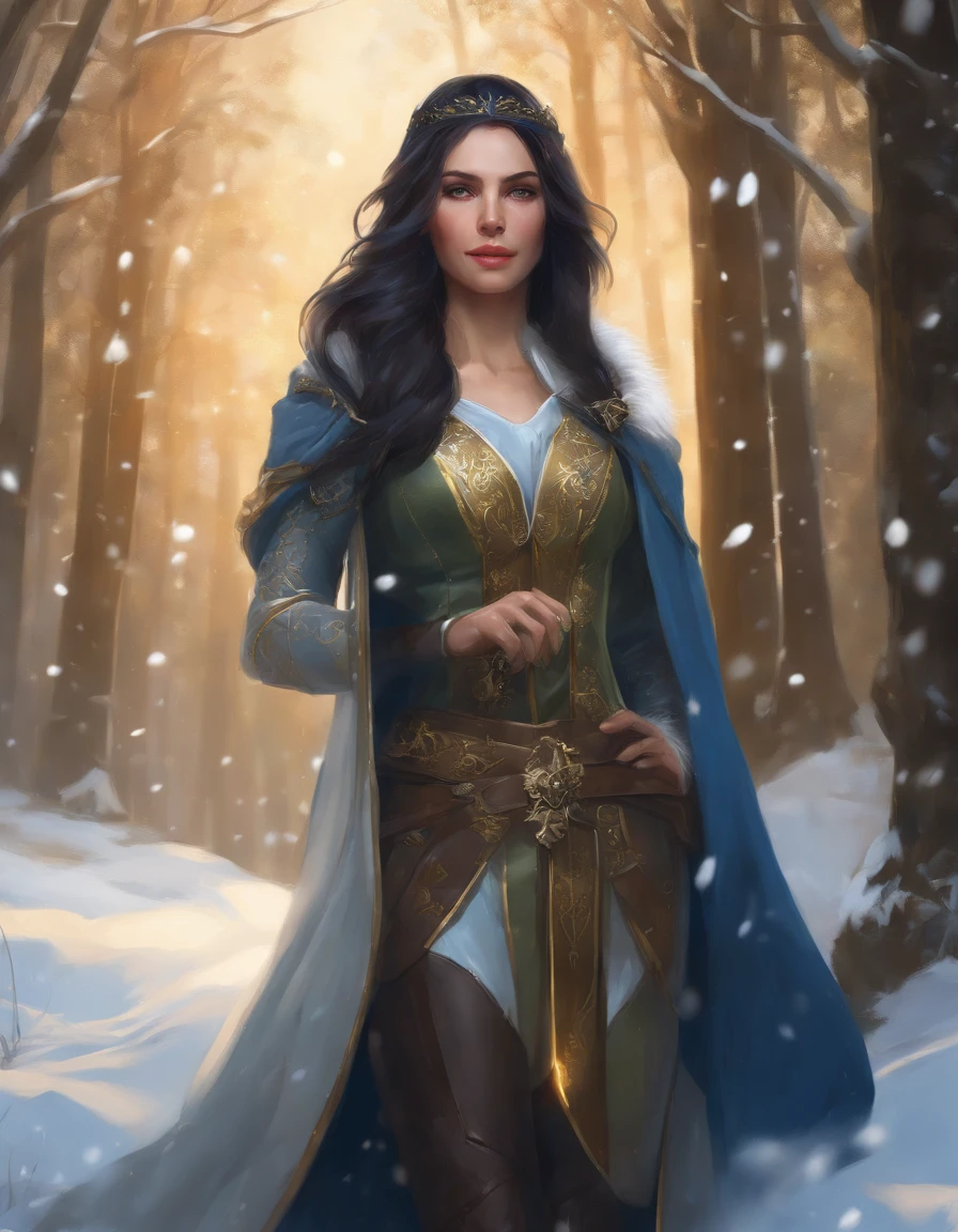 Woman with an ice tiara on her head and a navy blue winter cloak with golden details,snowflake, long black hair, Elf princess, rainha elfa, artgerm em artstation pixiv, bela e elegante rainha elfa, Standing in the snow in front of a large icy castle,Standing in the middle of the forest,Personagem de RPG,Era medieva,blue eyes. Arqueira medieval, Armadura verde musgo. soft ilumination,Floresta densa. Cogumelos bioluminescentes. fantastical setting. Luz do dia. Luz solar, realces de cores quentes, Paleta verde azul e amarelo. RPG Character design, modelo ig | artgerm, obra de arte no estilo de guweiz, extremamente detalhada artgerm.upper body