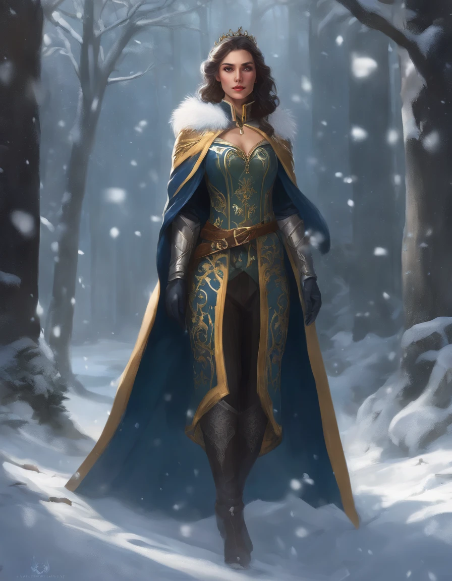 Woman with an ice tiara on her head and a navy blue winter cloak with golden details,snowflake, long black hair, Elf princess, rainha elfa, artgerm em artstation pixiv, bela e elegante rainha elfa, Standing in the snow in front of a large icy castle,Standing in the middle of the forest,Personagem de RPG,Era medieva,blue eyes. Arqueira medieval, Armadura verde musgo. soft ilumination,Floresta densa. Cogumelos bioluminescentes. fantastical setting. Luz do dia. Luz solar, realces de cores quentes, Paleta verde azul e amarelo. RPG Character design, modelo ig | artgerm, obra de arte no estilo de guweiz, extremamente detalhada artgerm.upper body