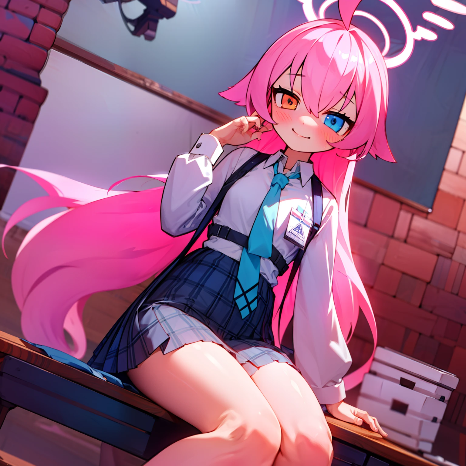 1girl, hoshino (blue archive), solo, heterochromia, pink hair, skirt, long hair, necktie, ahoge, shirt, halo, plaid skirt, blue eyes, plaid, looking at viewer, white shirt, sleep, orange eyes, chest harness, harness, long sleeves, id card, very long hair, collared shirt, smile, blue necktie, bangs, feet out of frame, between legs, hand between legs, blush, hair between eyes, highres,masterpiece, best quality