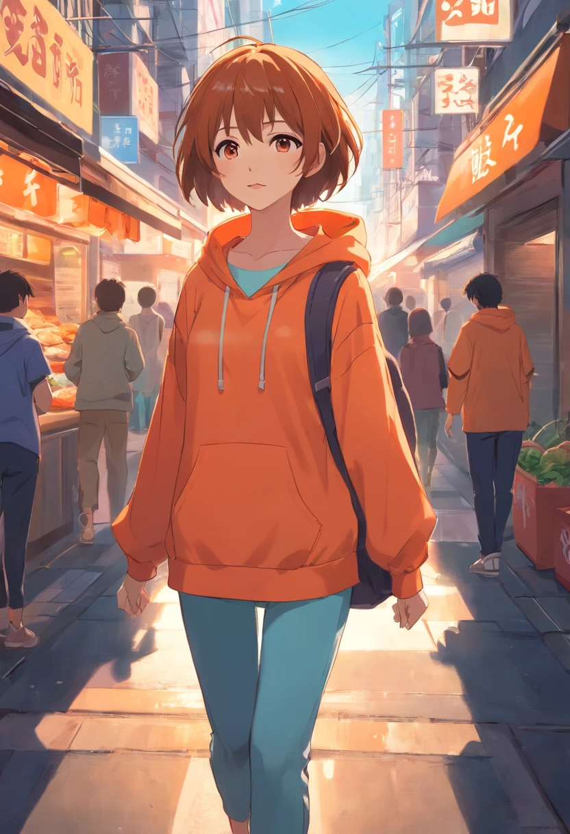 A girl on the run，Wear a white T-shirt，Orange hooded clothes，Carrying a bag，Short hair in color，Background food street，Arms spread wide，