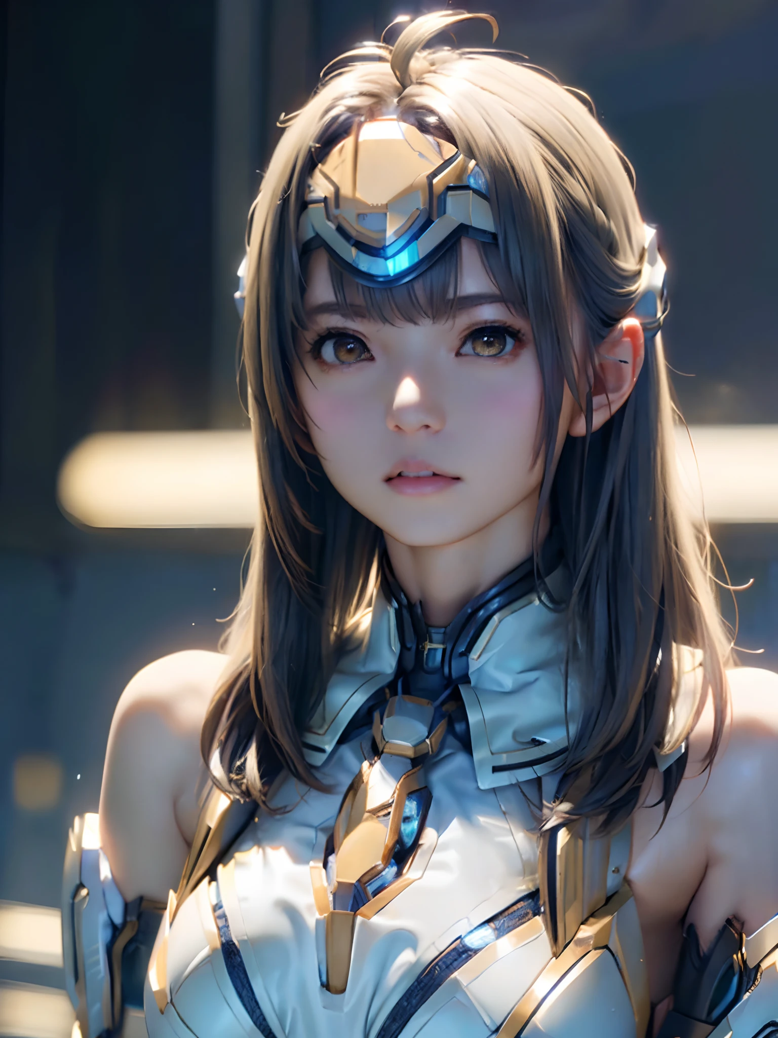 top-quality、masterpiece、超A high resolution、(Photorealsitic:1.4)、1人、Light blue hair、Straight hair, shiny and clean hair、White shiny skin、Sexy Cyberpunk Girl、((super realistic details))、Shadow、octan render、ultrasharp、hyperdetailed face、Fiberglass、Luminous tube、highly intricate detail、Realistic light、CGSoation Trends、((Golden Eyes))、(Facing the camera)、neon details、Mechanical limbs、Mechanical vertebrae attached to the back、mechanical cervical attaching to neck、Wires and cables connecting to the head、((valkyrie))、((Beam Cannon))、Combat stance