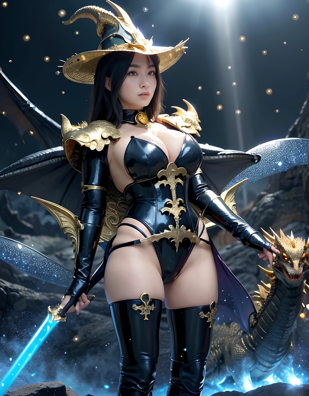 ((World of Darkness)),Professional , ​masterpiece、top-quality、photos realistic , depth of fields 、(((Fight dragons))),（Dragon Black Metal Body:1.9),(Latex Blue、（cleavage of the breast）,（Fight dragons）、、(((Particles of light))),（Micro Bikini Armor:1.7),Gorgeous gold weapons ,（Fight dragons）、Seductive look、The face of the dragon is out、（blood splattere、Armpit、（(((With a magic wand))), ） , (((Wearing a black latex wizard hat))),（demonic wings）   ,（（a blond））、（Castle background）、（（Gangle's forest background））、Beautiful Caucasian beauty、１a person、Armpit、dynamic ungle,(((Detailed Gold Dragon Wizard Hat)))、Smaller head、A smile、Castle background、Thin and beautiful female hands、cleavage of the breast、Soldier in iron armor on background、Mystical expression、Light Effects、intense fighting、Wind-effect、magic circles、With the legendary magic wand、Dragon's tail、explosions、Toostock、Toostock、(Beautuful Women),