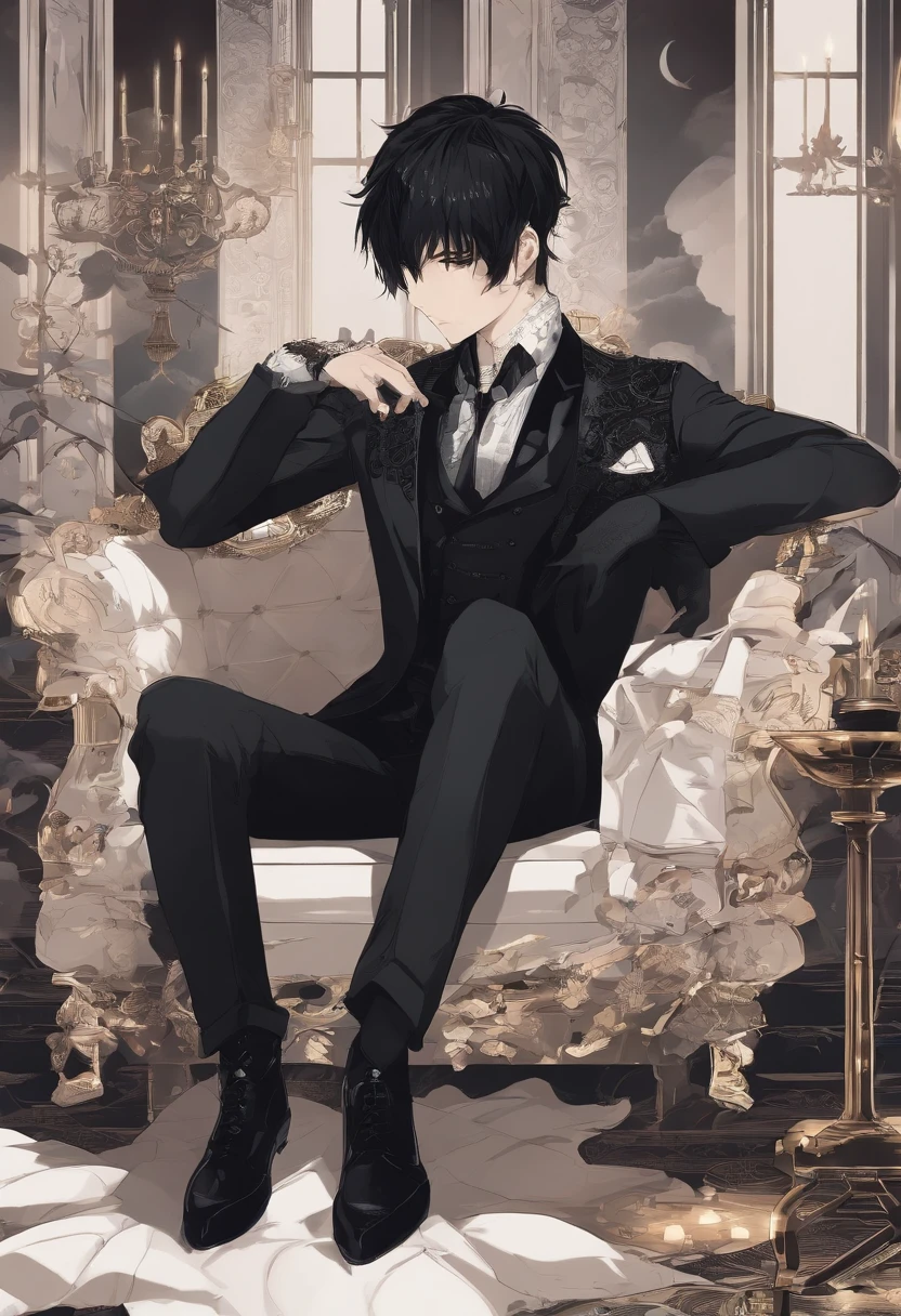 Male youth，with short black hair，Black suit，Sleep on the couch with your eyes closed，The background is the living room