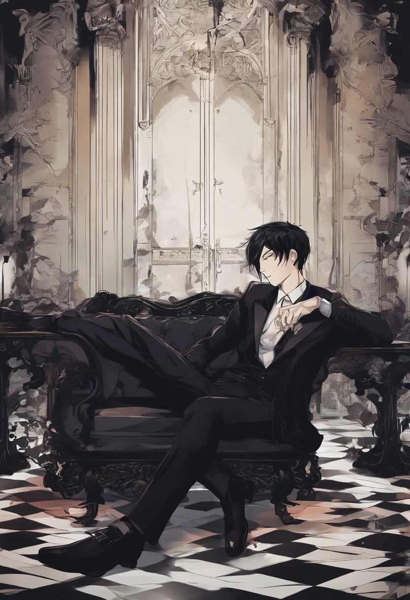 Male youth,with short black hair,Black suit,Sleep on the couch with your eyes closed,The background is the living room