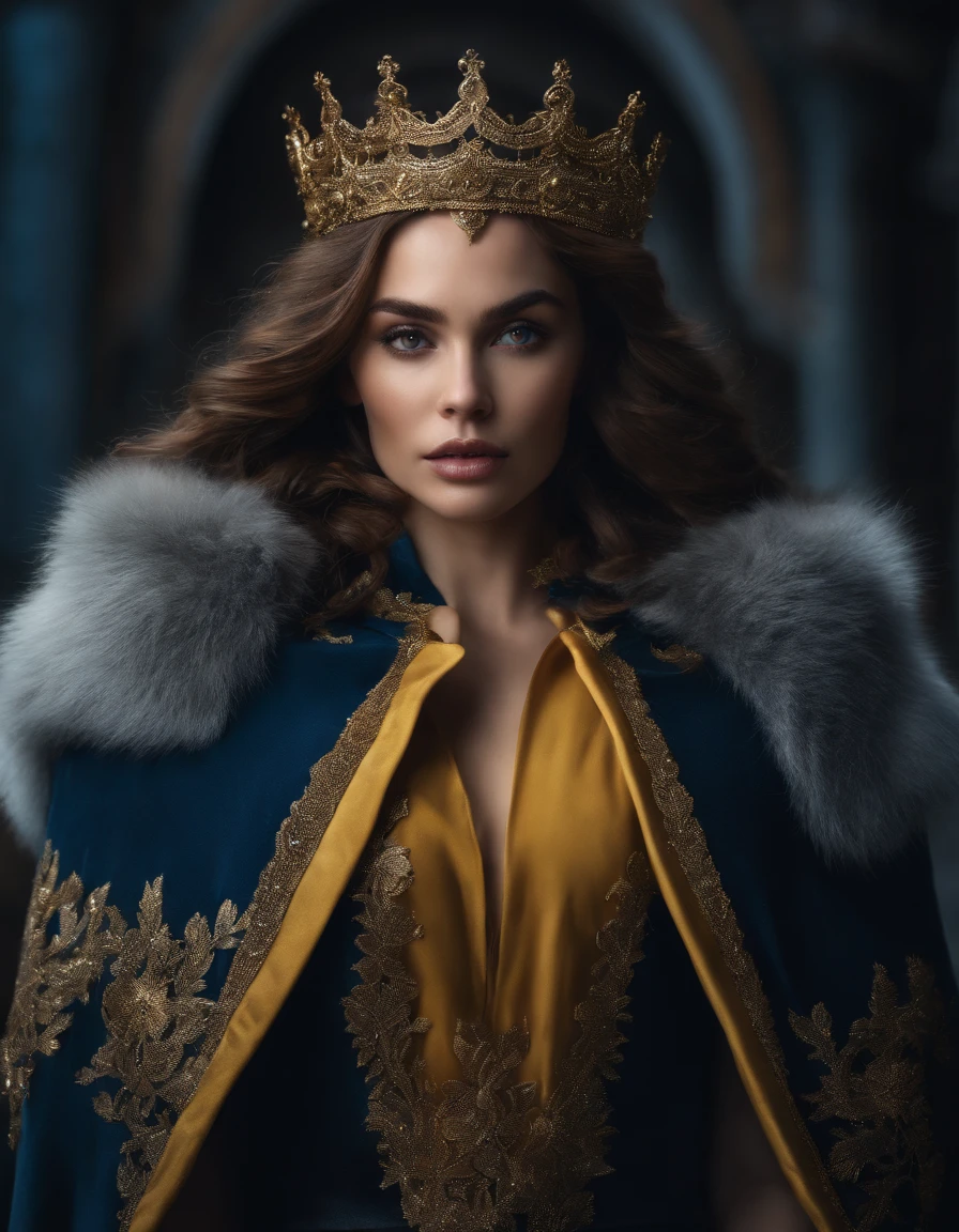 Woman with an ice tiara on her head and a navy blue winter cloak with golden details, broche de floco de neve. longos cabelos pretos. rainha do inverno, princesa elfa, retrato de uma rainha elfa, rainha elfa, princesa inverno, uma rainha elfa, artgerm em artstation pixiv, bela e elegante rainha elfa, corpo inteiro. Standing in the snow in front of a large icy castle. Personagem de RPG. Era medieval. Mulher elfa. Elfa de cabelos ruivos. Olhos azuis. Elfa da floresta. Elfa Guerreira da floresta. Elfa arqueira. Arqueira medieval. Arco e Flecha. Organic Amadura. Armadura verde musgo. soft ilumination. Standing in the middle of the forest. Floresta densa. Cogumelos bioluminescentes. fantastical setting. Luz do dia. Luz solar. realces de cores quentes. Paleta verde azul e amarelo. RPG Character design. modelo ig | artgerm, :: rossdraws, obra de arte no estilo de guweiz, extremamente detalhada artgerm. corpo inteiro, fundo detalhado de um castelo, hiper detalhado, rosto detalhado, foto sincera POV, por lee jeffries, Nikon d850, filme fotografia de estoque ,4 kodak portra 400, F1 camera lens.6, cores ricas, hiper realista, textura realista, lighting dramatic, cinestill 800 (8k, Foto RAW, melhor qualidade, obra-prima: 1.2), ultra-detalhado, (pele altamente detalhada: 1.2), 8k UHD, DSLR, soft ilumination, alta qualidade.modelo ig | artgerm, :: rossdraws, obra de arte no estilo de guweiz, extremamente detalhada artgerm. corpo inteiro, fundo detalhado de um castelo, hiper detalhado, rosto detalhado, foto sincera POV, por lee jeffries, Nikon d850, filme fotografia de estoque ,4 kodak portra 400, F1 camera lens.6, cores ricas, hiper realista, textura realista, lighting dramatic, cinestill 800