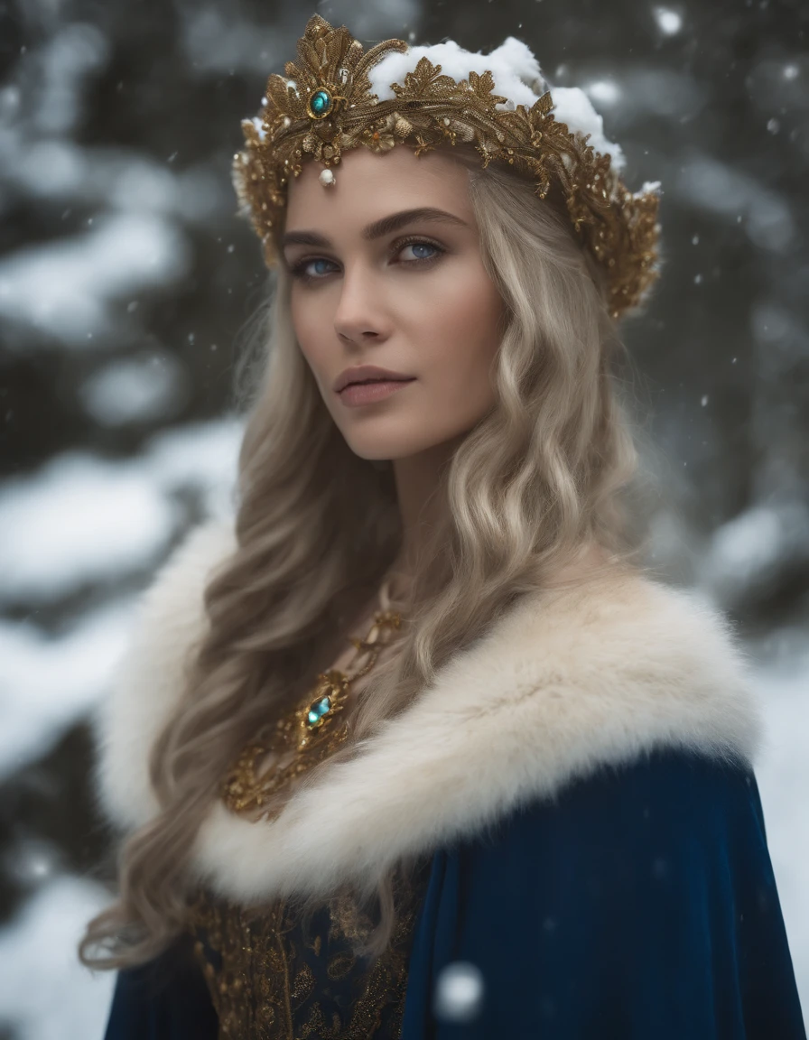 Woman with an ice tiara on her head and a navy blue winter cloak with golden details, broche de floco de neve. longos cabelos pretos. rainha do inverno, princesa elfa, retrato de uma rainha elfa, rainha elfa, princesa inverno, uma rainha elfa, artgerm em artstation pixiv, bela e elegante rainha elfa, corpo inteiro. Standing in the snow in front of a large icy castle. Personagem de RPG. Era medieval. Mulher elfa. Elfa de cabelos ruivos. Olhos azuis. Elfa da floresta. Elfa Guerreira da floresta. Elfa arqueira. Arqueira medieval. Arco e Flecha. Organic Amadura. Armadura verde musgo. soft ilumination. Standing in the middle of the forest. Floresta densa. Cogumelos bioluminescentes. fantastical setting. Luz do dia. Luz solar. realces de cores quentes. Paleta verde azul e amarelo. RPG Character design. modelo ig | artgerm, :: rossdraws, obra de arte no estilo de guweiz, extremamente detalhada artgerm. corpo inteiro, fundo detalhado de um castelo, hiper detalhado, rosto detalhado, foto sincera POV, por lee jeffries, Nikon d850, filme fotografia de estoque ,4 kodak portra 400, F1 camera lens.6, cores ricas, hiper realista, textura realista, lighting dramatic, cinestill 800 (8k, Foto RAW, melhor qualidade, obra-prima: 1.2), ultra-detalhado, (pele altamente detalhada: 1.2), 8k UHD, DSLR, soft ilumination, alta qualidade.modelo ig | artgerm, :: rossdraws, obra de arte no estilo de guweiz, extremamente detalhada artgerm. corpo inteiro, fundo detalhado de um castelo, hiper detalhado, rosto detalhado, foto sincera POV, por lee jeffries, Nikon d850, filme fotografia de estoque ,4 kodak portra 400, F1 camera lens.6, cores ricas, hiper realista, textura realista, lighting dramatic, cinestill 800