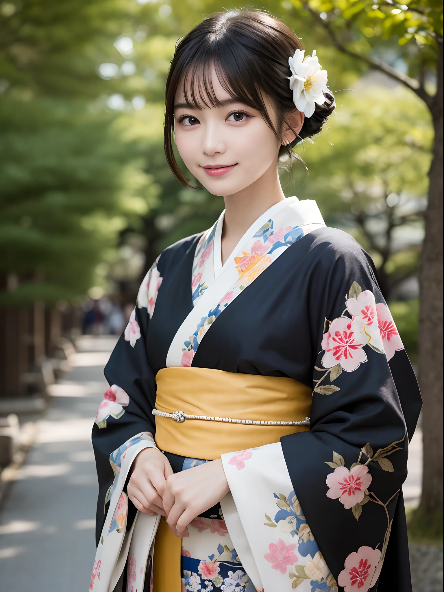 Masterpiece, Best Quality, illstration, Ultra-detailed, finely detail, hight resolution, 8K quality wallpapers, Perfect dynamic composition, Beautiful detailed eyes, Kimono, Well-formed kimono appearance, (Black shorthair), A slight smil, Looking at the camera, Kyoto Uzumasa Studio Park