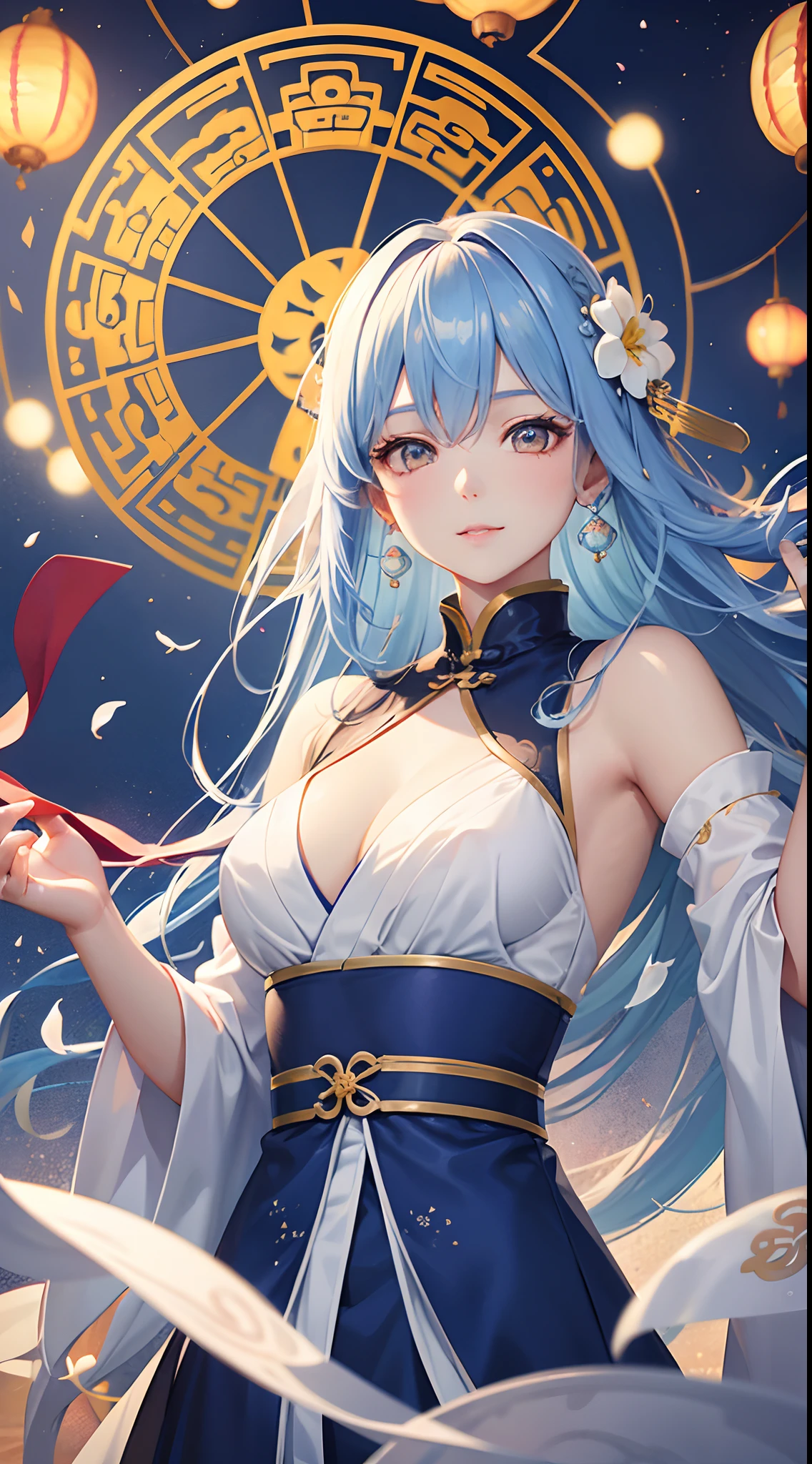 Beautuful Women、Orange Eyes、Blue and white hair color、Floating hair:10、Delicate and smart eyes、intricate damask hanfu、Luxury accessories、wearing pearl earrings、FOV、F / 1.8、masterpiece、ancient Chinese architecture、blue open sky、flower petals flying、front portrait shot、Chang'e、side lights、a person々Sunlight、8K