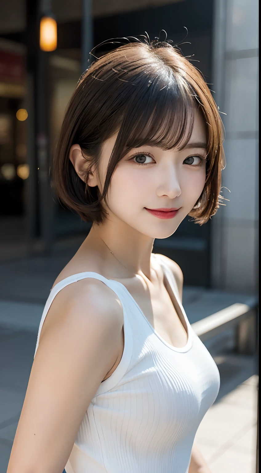 Highest quality, Ultra-high resolution, (Realistic: 1.4), (Highest quality, masterpiece:1.3, Ultra-high resolution), (Very detailed, Caustics, 8K), (Realistic:1.4, RAW shooting), (I'm looking at the camera with a smile on my face), Long sleeve blouse, big, Bust up shot, street, Face Focus, Natural light, Backlight, Lens flare, Professional Writing, beautiful Eyes, Super beautiful, Very short hair, beautiful, spouse, Rough Chest T-shirt, beautiful Soldier, Eyes that beckon, The spouse&#39;s perspective, Attractive look, Sexy smile, Perfect Style, perfect balance, Detailed skin, Mischievous Gaze, I can see your chest