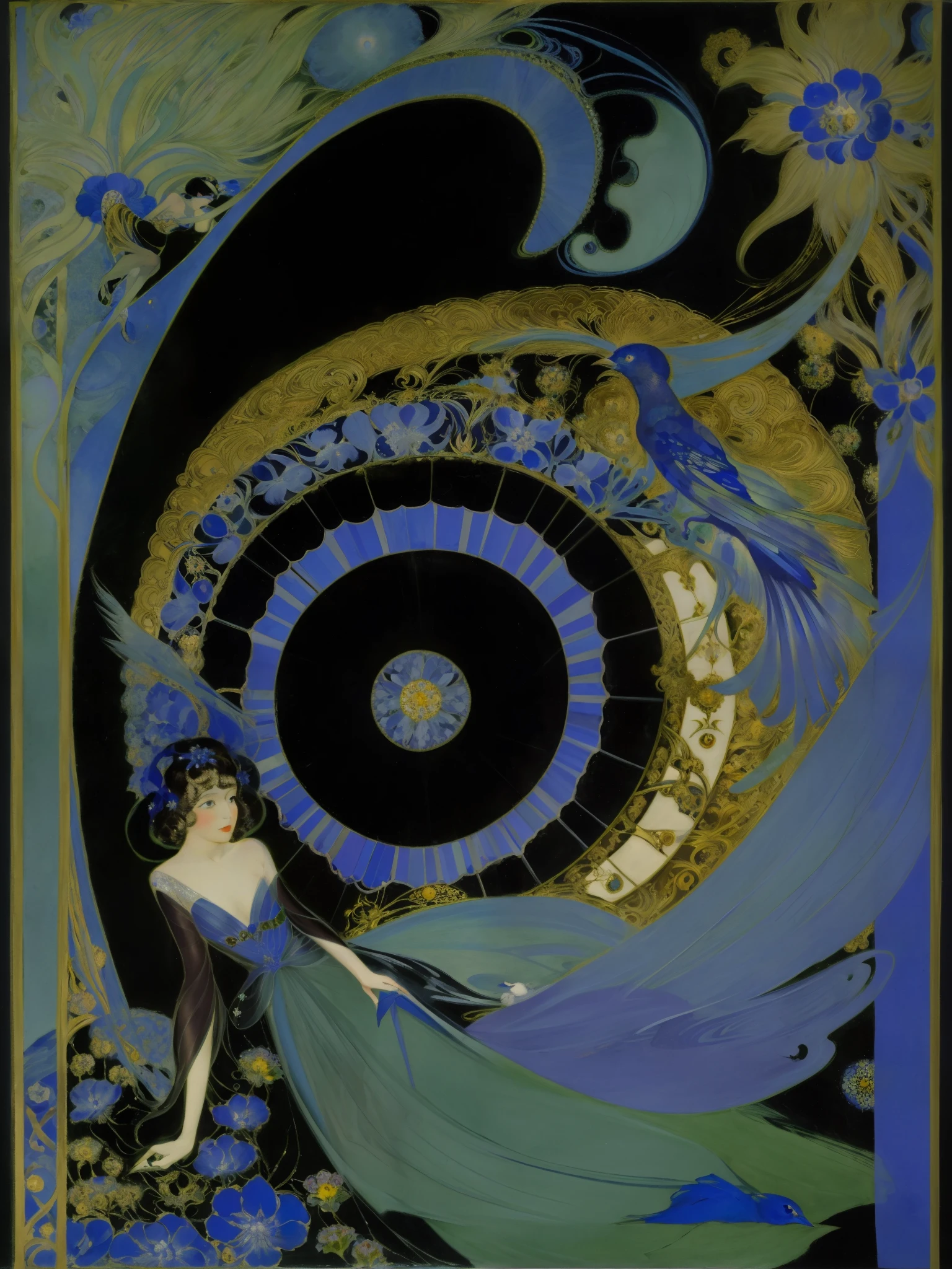 there is a drawing of a woman and a bird on a black background, harry clarke artwork, by Harry Clarke, inspired by Harry Clarke, beardsley, kay nielsen and wadim kashin, inspired by Kay Nielsen, style of carlos schwabe, oz, right side composition, arthur rackham and milo manara, by Aubrey Beardsley, marjorie cameron