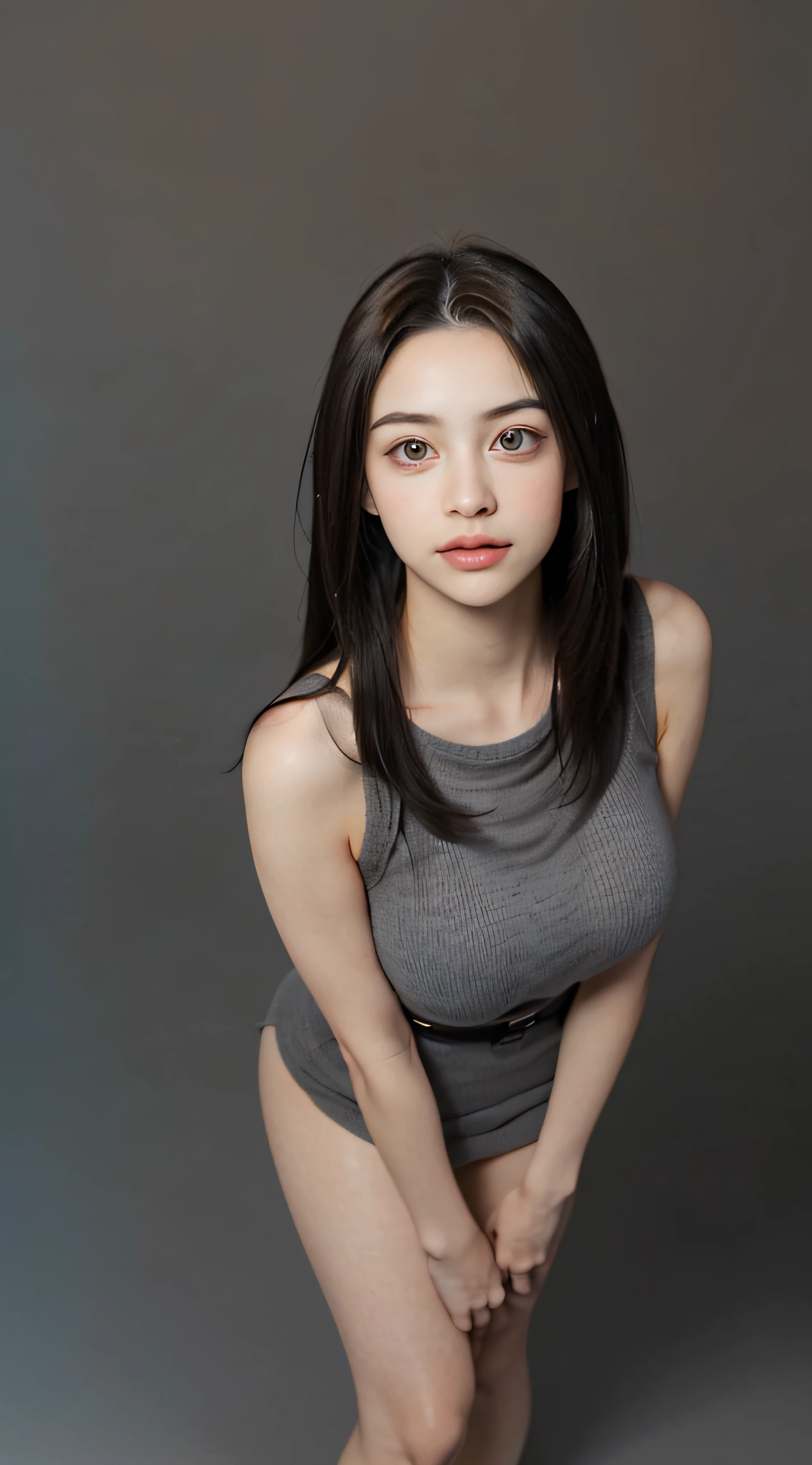 (Medium straight hair, brown:2), (masterpiece, best qualtiy, Light photo, Photorealsitic:1.5), BREAK (Looking up from knee level:1.5), BREAK (1 girl in, Beautuful Women, 20yr old:1.5), BREAK (Stunning innocent symmetrical face, Beautiful fece, light skinned:1.7) BREAK (Beautiful eye details, Beautiful noseline, Details of a beautiful little nose, Beautiful thin lips Description, Fine, clean and beautiful skin, Fair skin:1.5) BREAK (long-slitted eyes, Drooping eyes, Left and right symmetrical eyes, Thin eyebrows:1.5), (Big eyes:1.3), BREAK (Gray High exposure, Ultra-thin knitwear:2), (embarrassed, flushed:1.8), (Smiling smile:1.2), (Large breasts, very soft breasts, neat shape breasts:2.5), (slender:2), (Thin body, thin waist, Thin under the chest,Thin arms, thin neck, thin legs, thin shoulders, sloped shoulder:2), BREAK (Simple gradient background in dark gray:1.7) BREAK (9 head body, Beautiful big breasts shape, Clean body line, Poses that emphasize the neat waist constriction, One hand on the hip:1.8),