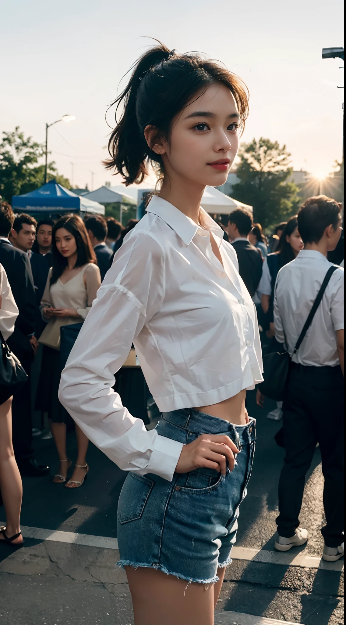 ((Small underboob)), (shoulder-length straighthair: 1.2), Black hair,Short ponytail，（Extremely meticulous CG 8k wallpaper），（Extremely refined and beautiful），（Masterpiece），（best qualtiy：1.0），（Ultra High Resolution：1.0），beautiful light up，Perfect lightning，realistic shaded，[A high resolution]，Smooth and flawless fair skin，Extremely exquisite facial details，（perfect body：1.1），ultra - detailed，A beautiful girl，small head，(Small breasts:1.1)，Flat chests，slim，thin，Smile，cheerfulness，（white collared long sleeved shirt:1.1），（blue shorts：1.1），White sandals，Summer，Dusk, sunset light，Standing at the school gate，Holding a Long tube blue coffee cup in hand，Close Shot，Surrounded by a crowded crowd