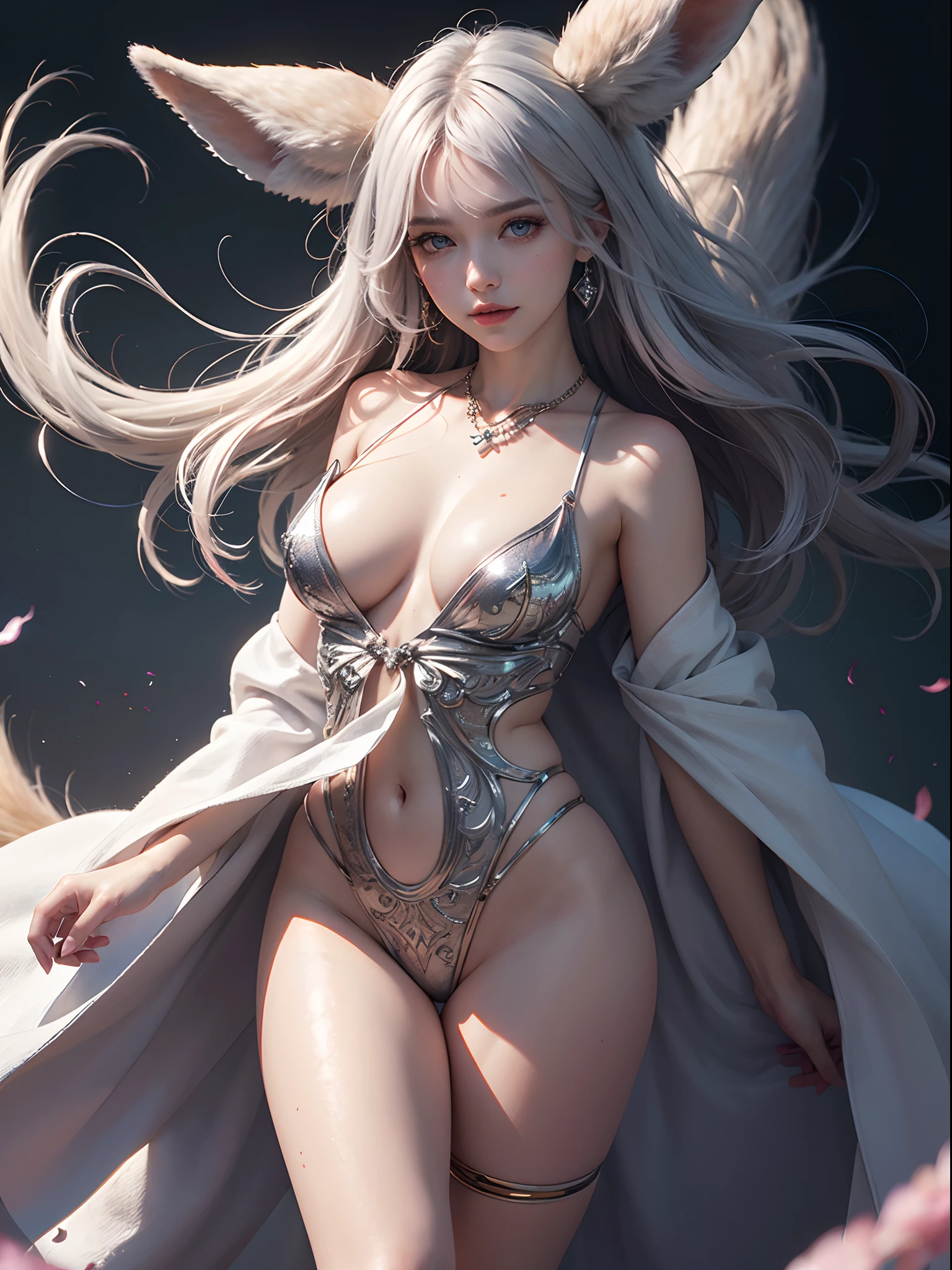 Unbeatable masterpiece, Ultra photo realsisim, Perfect artwork, Intricate details, Best quality, Strong light , High contrast, Dynamic pose, Dutch angle , Dreamy , (Core background:1.25) , (1girll) .Solo , (nine tail fox) , Fox ears:1.5 , Golden cape , Bandages , White robe , Arms behind your back , (color difference) , (detailedbackground) , High contrast , (best illuminate , Extremely Delicately Beautiful) , (Beautiful detailed girl:1.1) , (Ultra-detailed) , Vibrant colors , Sharp focus, Seductive , The sheen:1.2 , (wind lift:1.4) , (Silver hair) , (Shiny skin:1.5) , Big breasts ,Beautiful detailed eyes , necklace , Earrings, hair adornments , Sweat , Blush , perfectface:1.1 , Gorgeous body , (High detail skin texture:1.1) , blueneyes , Stars in Eyes ,Sevier's smile , Pink hairpins , eyeball , eyes liner, (Floating hair:1.21) , Beautiful eyes , (Delicate face) , Perfect detail , (BEST lighting)