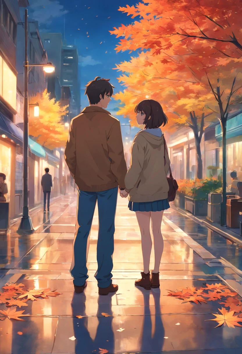 A man and a woman stood facing each other，The background is the street，Maple leaves fall