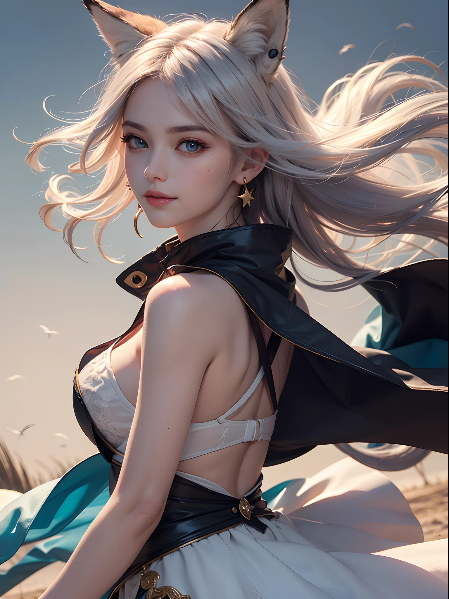 Unbeatable masterpiece, Ultra photo realsisim, Perfect artwork, Intricate details, Best quality, Strong light , High contrast, Dynamic pose, Dutch angle , Dreamy , (Core background:1.25) , (1girll) .Solo , (nine tail fox) , Fox ears:1.5 , Golden cape , Bandages , White robe , Arms behind your back , (color difference) , (detailedbackground) , High contrast , (best illuminate , Extremely Delicately Beautiful) , (Beautiful detailed girl:1.1) , (Ultra-detailed) , Vibrant colors , Sharp focus, Seductive , The sheen:1.2 , (wind lift:1.4) , (Silver hair) , (Shiny skin:1.5) , Big breasts ,Beautiful detailed eyes , necklace , Earrings, hair adornments , Sweat , Blush , perfectface:1.1 , Gorgeous body , (High-detail skin:1.1) , blueneyes , Stars in Eyes ,Sevier's smile , Pink hairpins , eyeball , eyes liner, (Floating hair:1.21) , Beautiful eyes , (Delicate face) , Perfect detail , (BEST lighting)