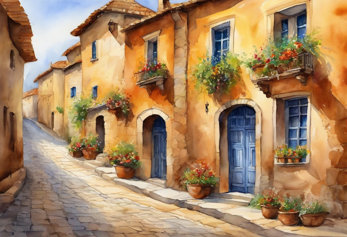 Amber City, A street with a stone paved road with European stone houses from the first half of the 20th century, High quality shadows, High quality of light, High quality clothing, Masterpiece picture quality, max detail, Masterpiece quality.