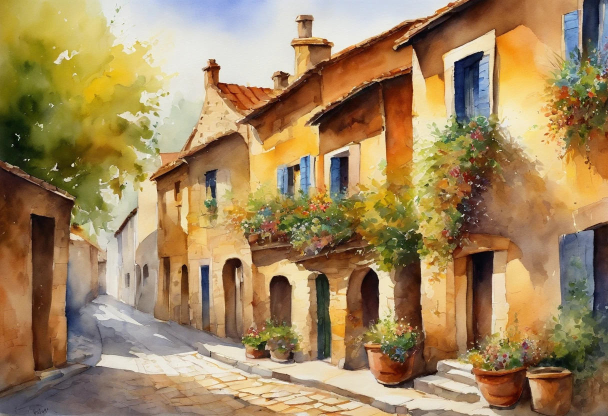 Amber City, A street with a stone paved road with European stone houses from the first half of the 20th century, High quality shadows, High quality of light, High quality clothing, Masterpiece picture quality, max detail, Masterpiece quality.