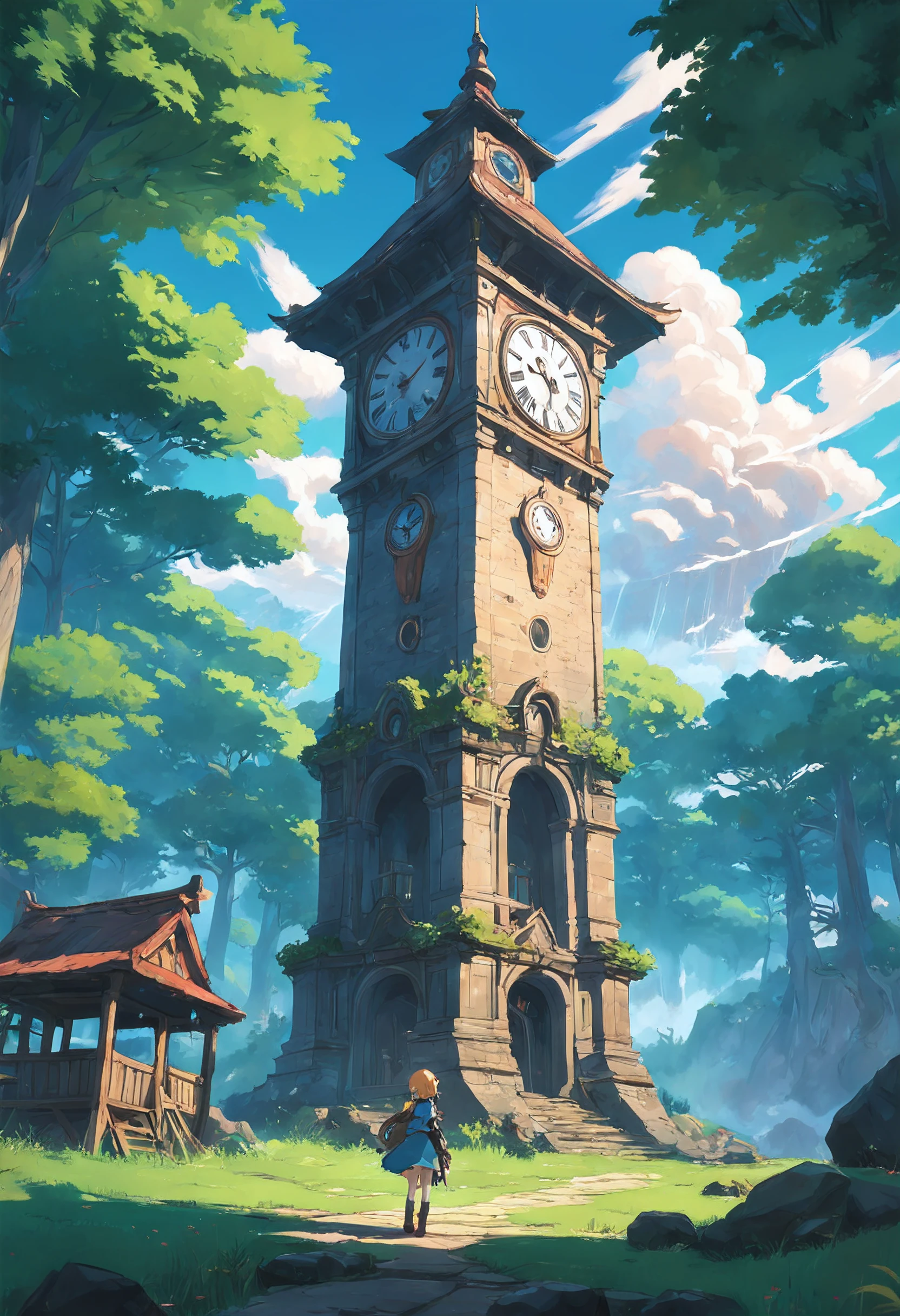 botw style, A clock tower standing tall in a small town within the forest