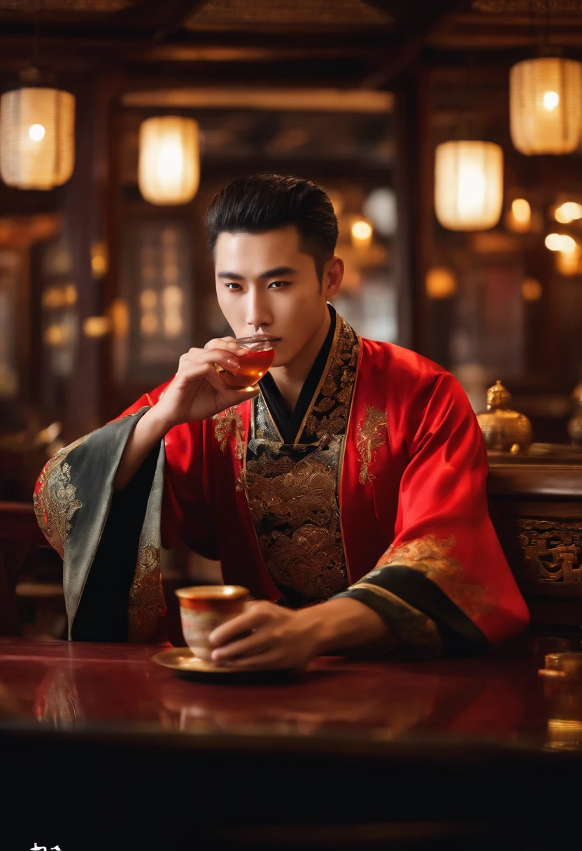 Young Men HD Big Picture Chinese Style Costume Man Good Quality Drinking in a restaurant