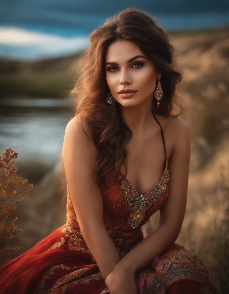 "(A captivatingly beautiful girl:1.2), enchanting , perfect natural cleavage, picturesque Portugal landscape scenery."