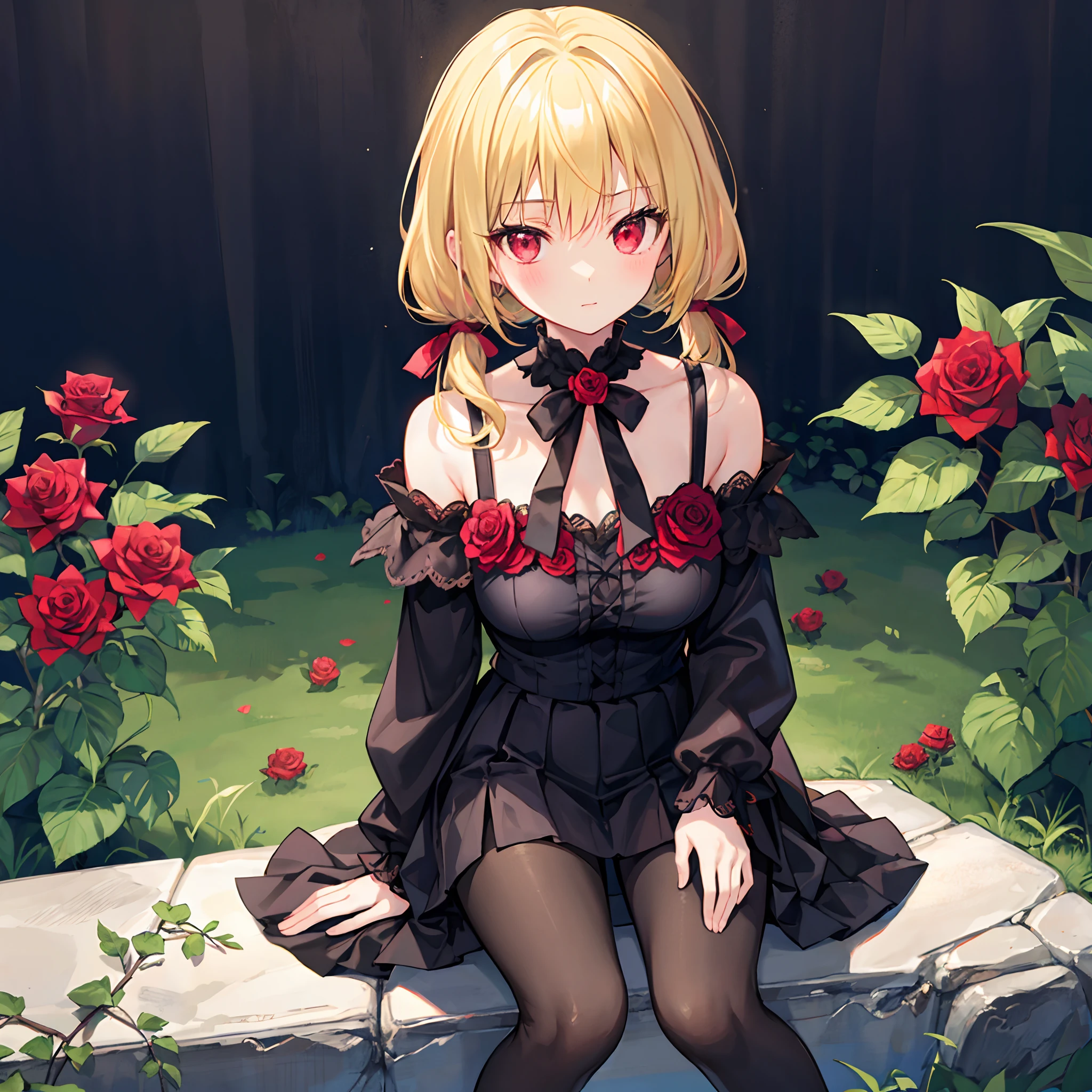 Wavy blonde、poneyTail、red eyes、Beautiful girl alone、off shoulders、a miniskirt、sitting on、rose garden、Black tights、