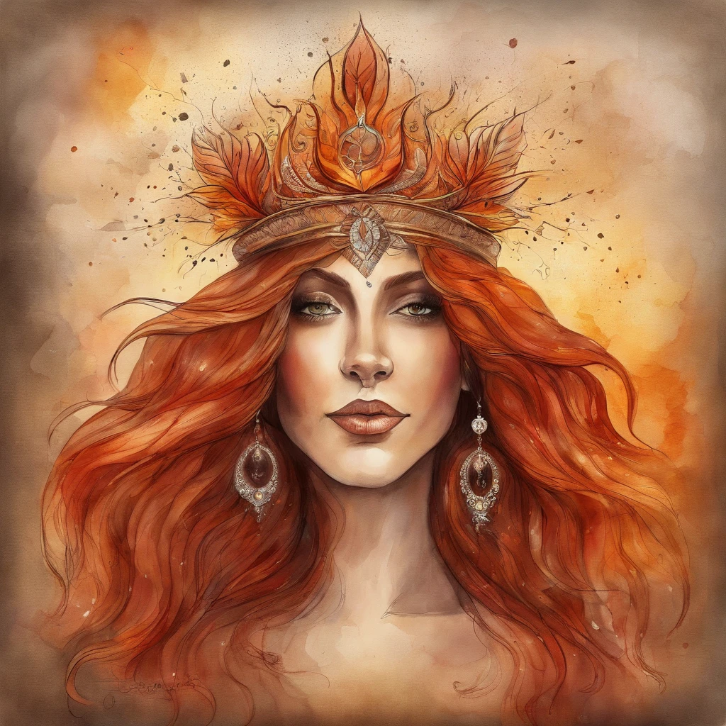 ( High quality , ultra detailed to hand ) ( careful hand ) Zodiac sign- Aries goddess , similar to latin goodness , Brave ,willful ,productive ,enterprising and humanitarian face . Moody, impulsive, impatient, assertive style . sunset reddish hair , transparent dress , in the ocean with sun , whole body , crystal fire eyes ( eye detailed ) . strong powerful make up look . Fire goddess .