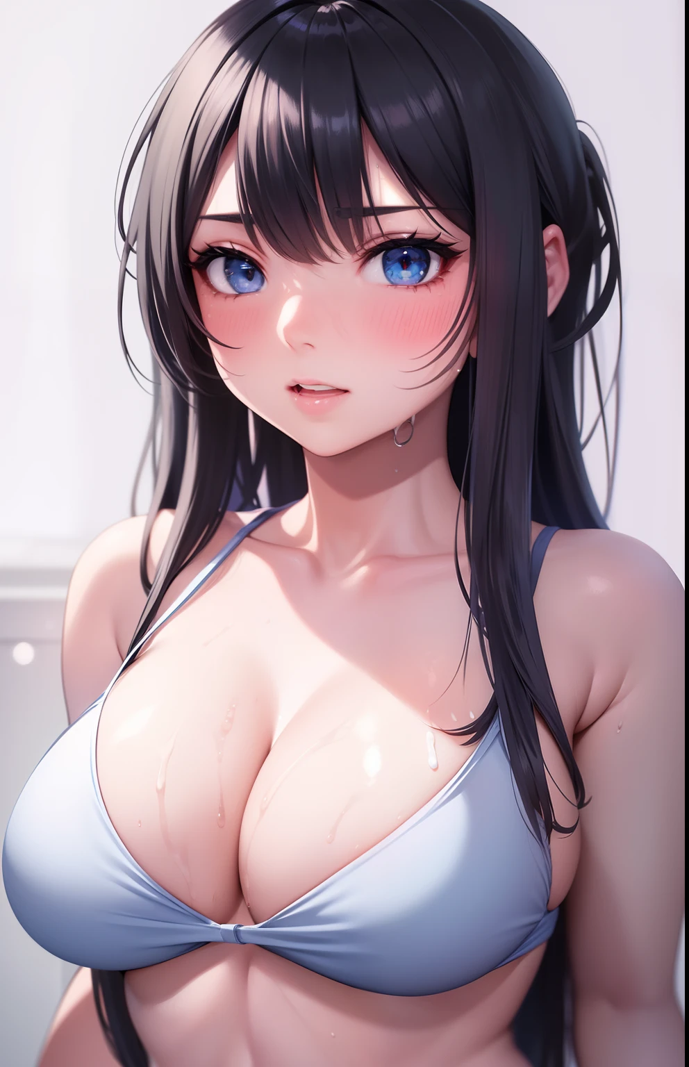 Beautiful girl, hot girl, detailed face, detailed eyes, detailed hair, detailed body, hanging boobs, change background, 8k, realistic, ultra realistic, visible panties, visible swimsuit, ((she is sweating)