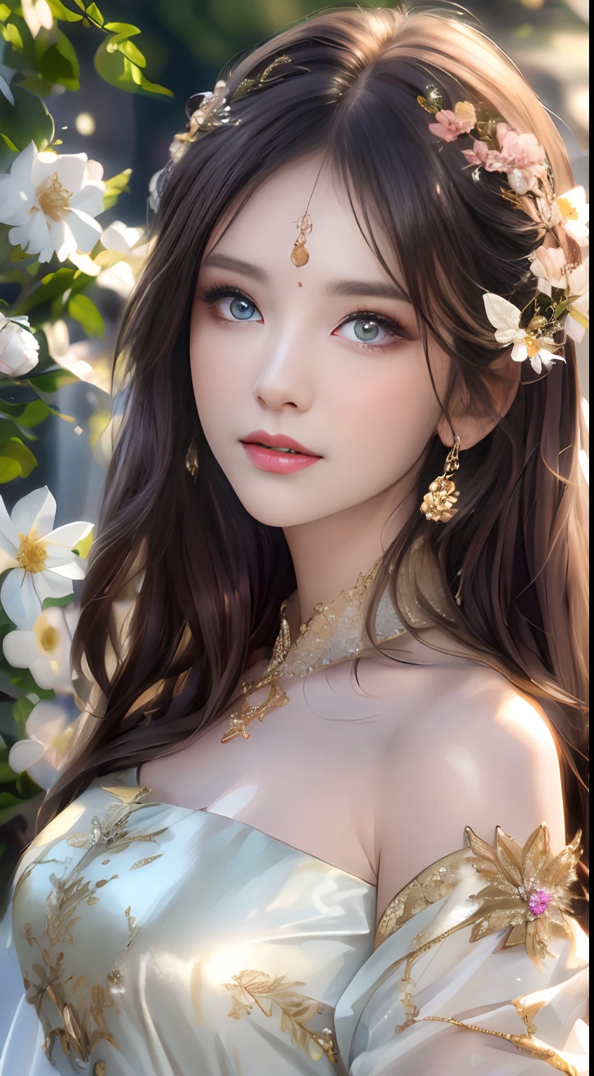 best qualtiy,tmasterpiece,A high resolution,1girll,Dingdall effect,realisticlying,edge lit,twotonelighting,(highdetailskin:1.2),8K UHD,Pure,Sweet,Flower background,Colorful background,Based on physical rendering,Perfect light and shadow,extreme hight detail,Pink tones,Eye reflections,Raised sexy,perfect bodies,Superb beauty,largeeyes,long eyelasher,Delicate eyes,large shiny eyes,Minor pupillary reflexes,Shoulder and neck details,The pupil texture is delicate,Perfect eyes,Black pupils,best qualtiy,tmasterpiece,16k,A picture,head portrait,Bigchest,longer sleeves,Take care of your chest,Large breasts,Delicate avatar