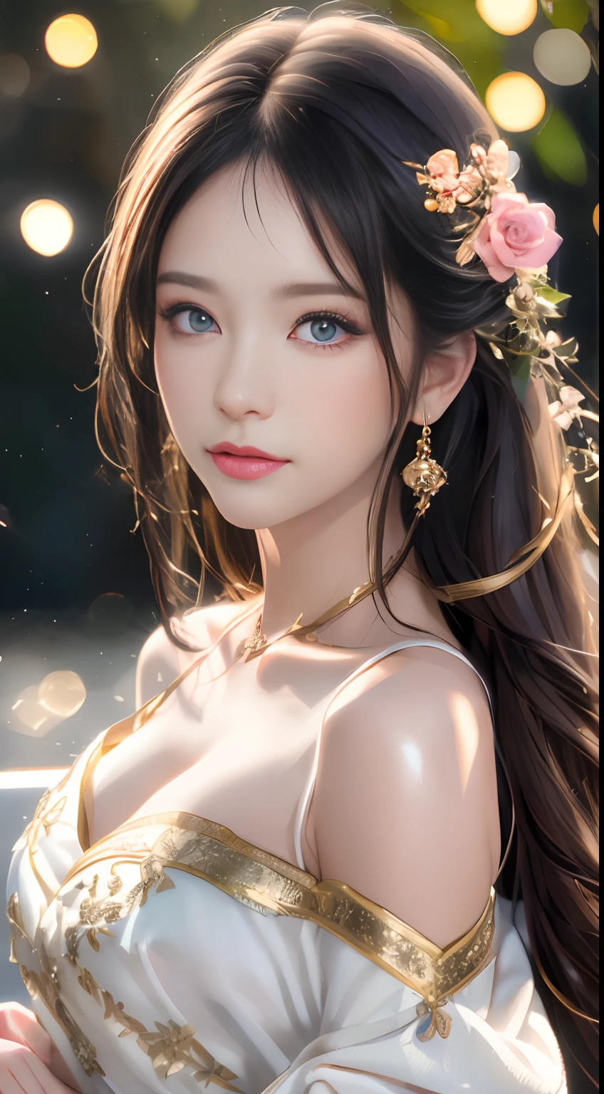 best qualtiy，tmasterpiece，A high resolution，1girll，Dingdall effect，realisticlying，edge lit，twotonelighting，（highdetailskin：1.2），8K  UHD，Pure，Sweet，Flower background，Colorful background，Based on physical rendering，Perfect light and shadow，extreme hight detail，Pink tones，Eye reflections，Raised sexy，perfect bodies，Superb beauty，largeeyes，long eyelasher，Delicate eyes，large shiny eyes，Minor pupillary reflexes，Shoulder and neck details，The pupil texture is delicate，Perfect eyes，Black pupils，best qualtiy，tmasterpiece，16k，A picture，head portrait，Bigchest，longer sleeves，Take care of your chest，Large breasts，Delicate avatar