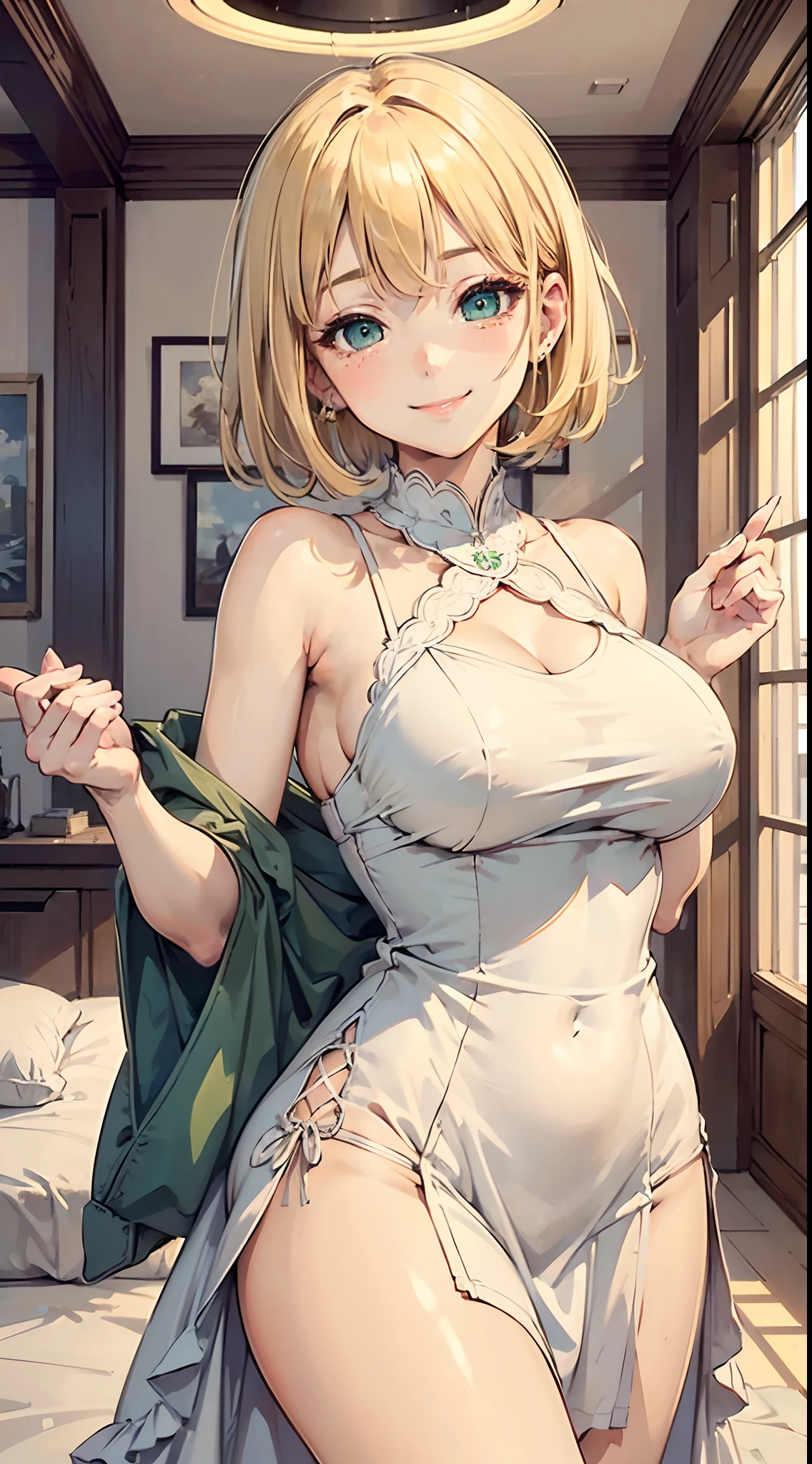 (masterpiece), best quality, expressive eyes, perfect face, beautiful girl, blonde hair, short hair, hair details, green eyes, ((sleepy eyes)), ((smiling)), soft face, (cute face), perfect body, medium breast size, big ass, ((sexy dress)), short dress, indoor, high resolution, ultra high details, high quality