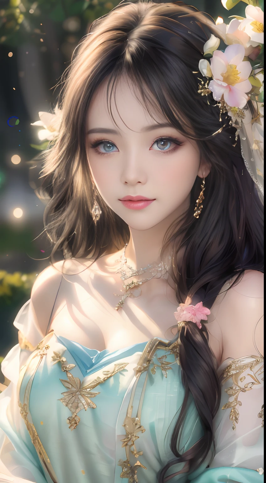 best qualtiy,tmasterpiece,A high resolution,1girll,Dingdall effect,realisticlying,edge lit,twotonelighting,(highdetailskin:1.2),8K UHD,Pure,Sweet,Flower background,Colorful background,Based on physical rendering,Perfect light and shadow,extreme hight detail,Pink tones,Eye reflections,Raised sexy,perfect bodies,Superb beauty,largeeyes,long eyelasher,Delicate eyes,large shiny eyes,Minor pupillary reflexes,Shoulder and neck details,The pupil texture is delicate,Perfect eyes,Black pupils,best qualtiy,tmasterpiece,16k,A picture,head portrait,Bigchest,longer sleeves,Take care of your chest,Large breasts,Delicate avatar