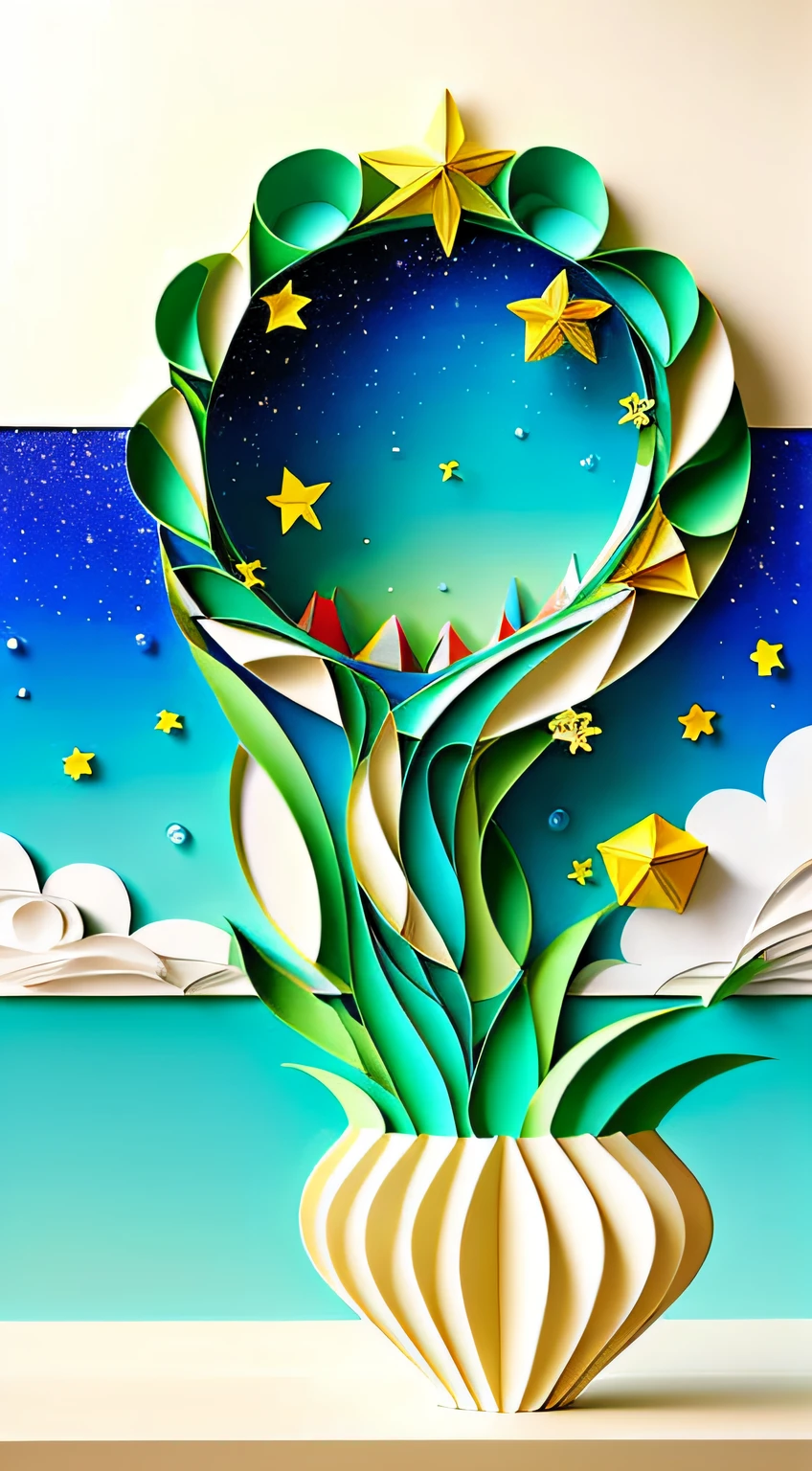 best qualityer,A clay pot floats in the sky,A stream of water flowed out of the clay pot,There are many stars in the current,swirles,Clear details,multi dimensional paper quilling,Created by artists such as Georgia O'Keefe or Christo and Jeanne-Claude