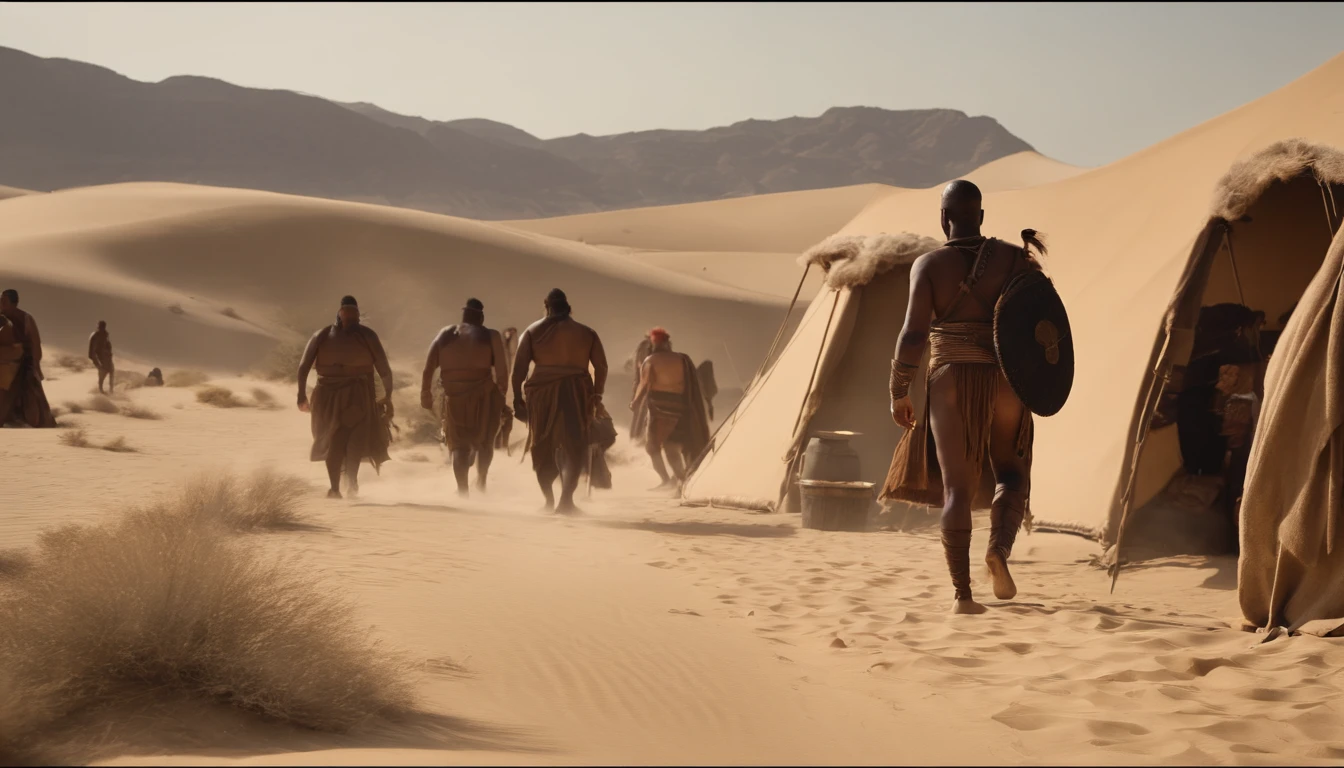 a scene in the wilderness with a group of obese black spartan warriors walking naked or sitting naked in a relaxed realxed atmosphere and having sexual activities nsfw They are camped in traditional tents and are naked in thents they occupy. The surrounding desert landscape is arid, with sand dunes and a deep blue sky. Explore os detalhes da vida cotidiana, the activities they are carrying out and the general atmosphere of the time